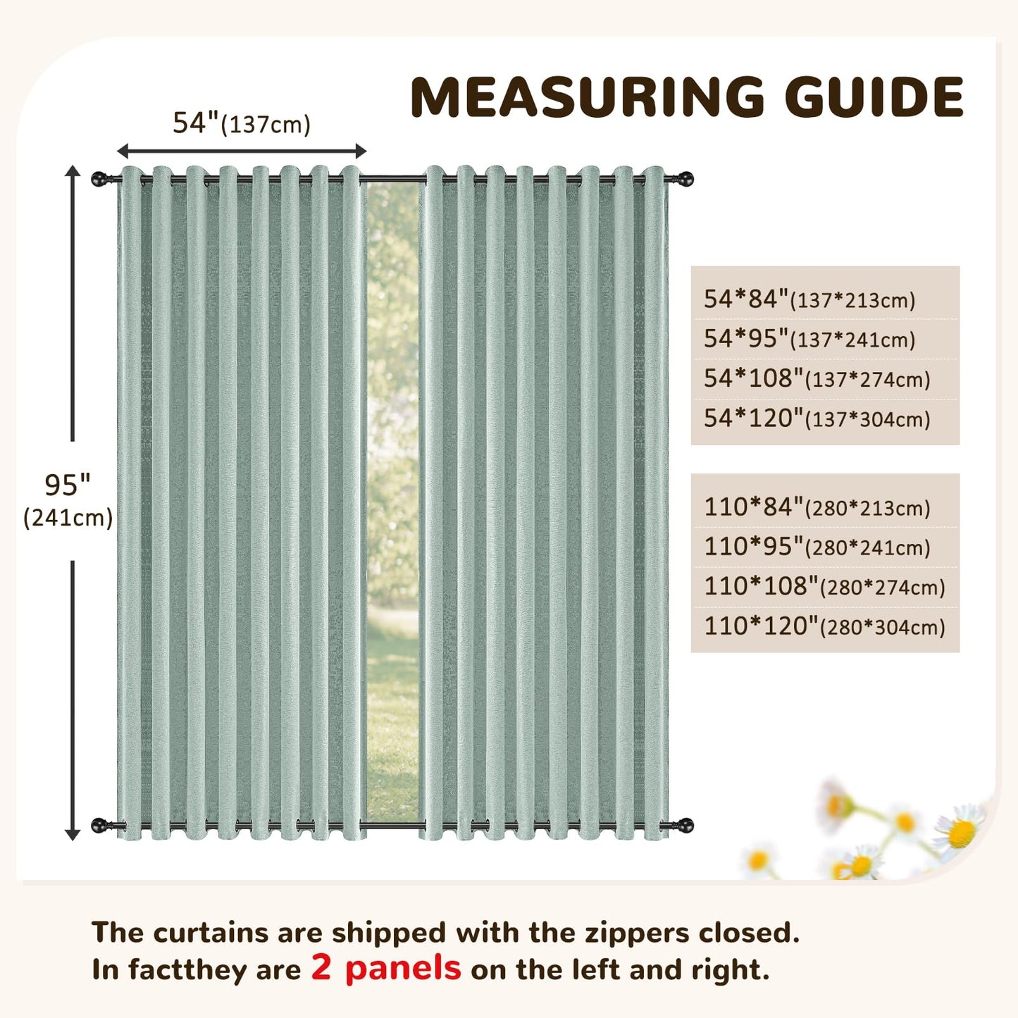 Arfntevss Linen Outdoor Curtains for Patio Waterproof with Zipper Blackout Curtains 2 Panels Top & Bottom Grommet Patio Outdoor Privacy Drape 84 Inch for Gazebo Porch Pergola (110x84, Light Green)