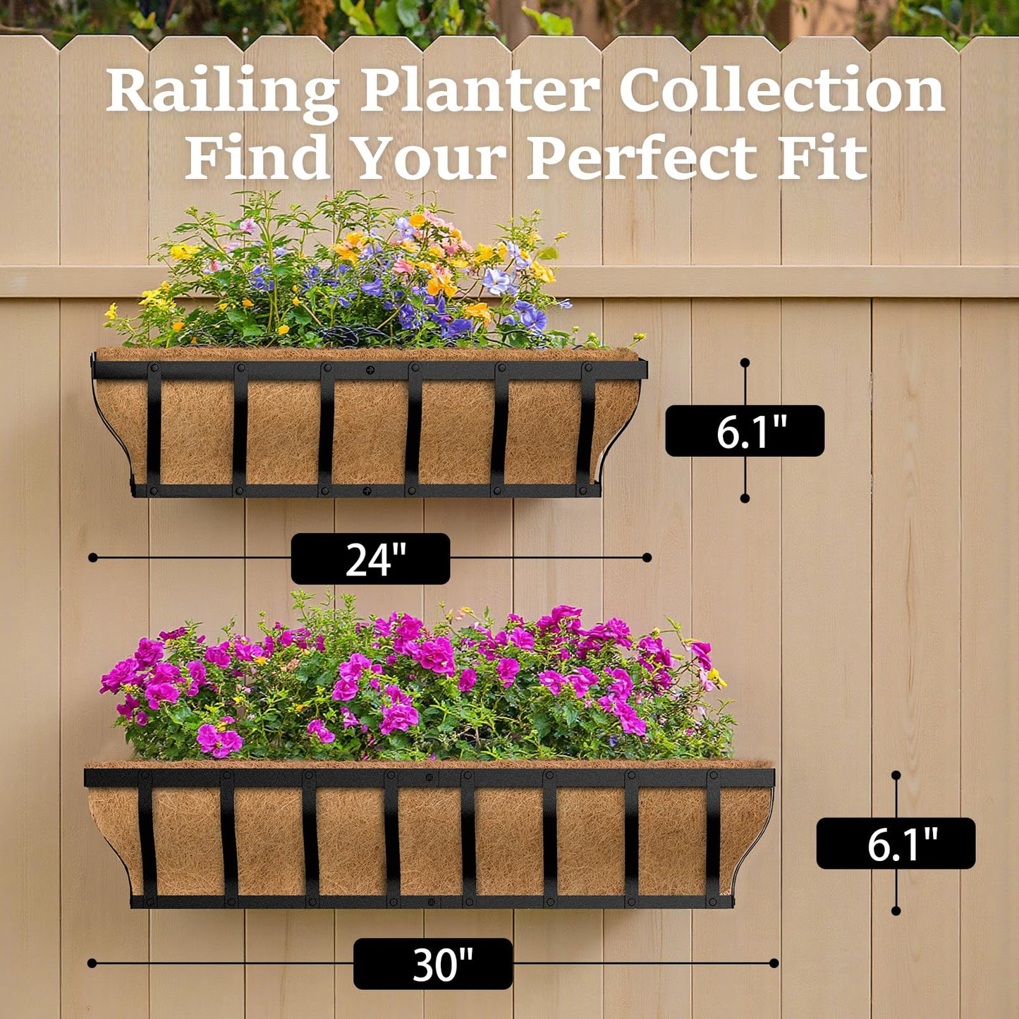 VOXOR Railing Planter Boxes, Heavy Duty Window Box Planters, Adjustable Balcony Planters for Railing Hanging, with Coco Liner & Support Rod for Deck, Porch, and Patio Gardening (2 Pack, 24 Inch)