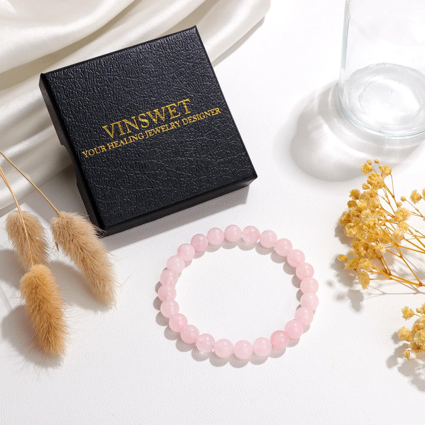Vinswet Healing Crystal Bracelets for Women Men 8mm Rose Quartz Natural Stone Beaded Stretch Bracelet Handmade Gemstone Reiki Spiritual Jewelry Gifts