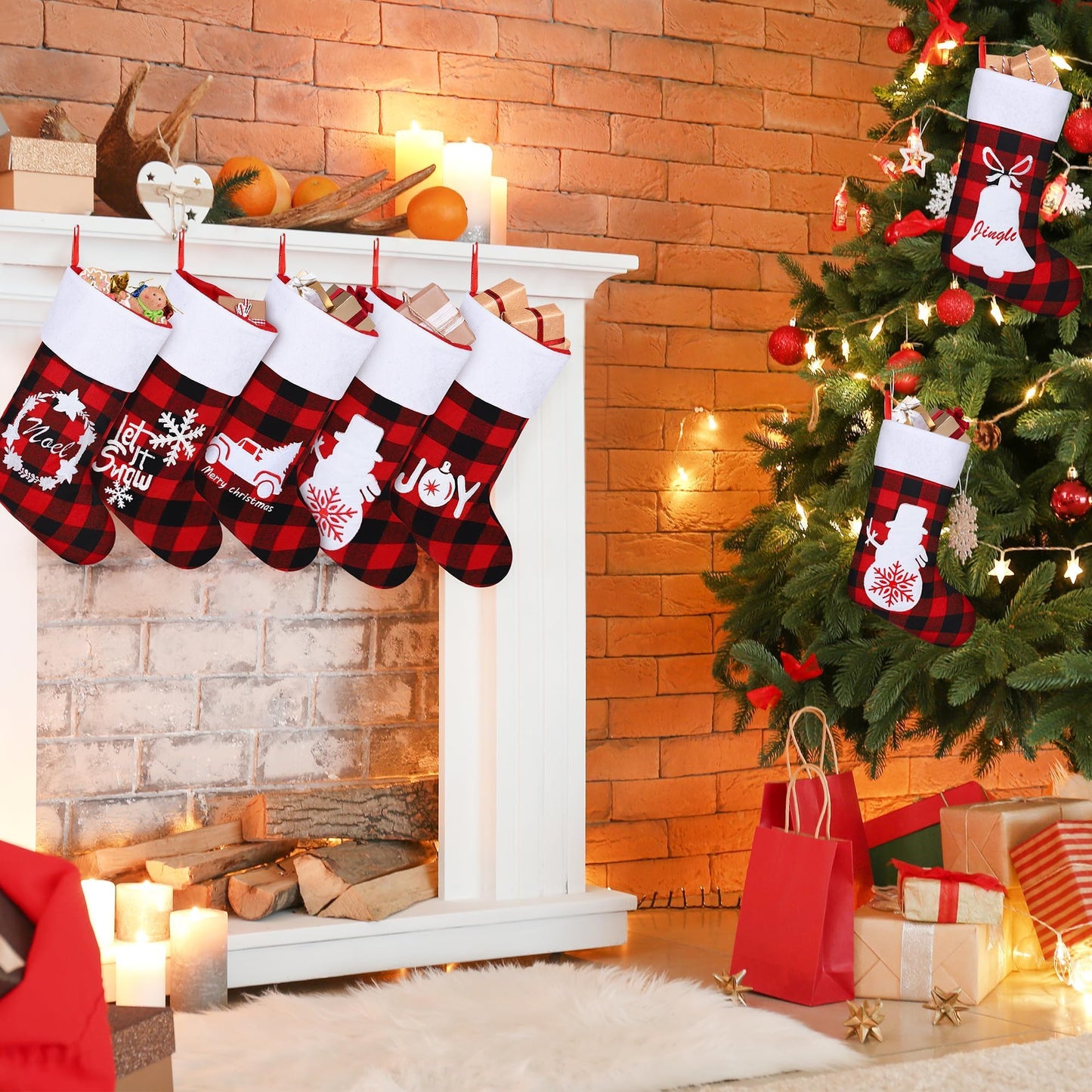 Aodaer 16 Pack Felt Christmas Stockings 18 Inches Red Black Buffalo Plaid Xmas Fireplace Hanging Stockings with Santa Snowman Reindeer Pattern Holiday Hanging Decorations for Christmas Party Favors