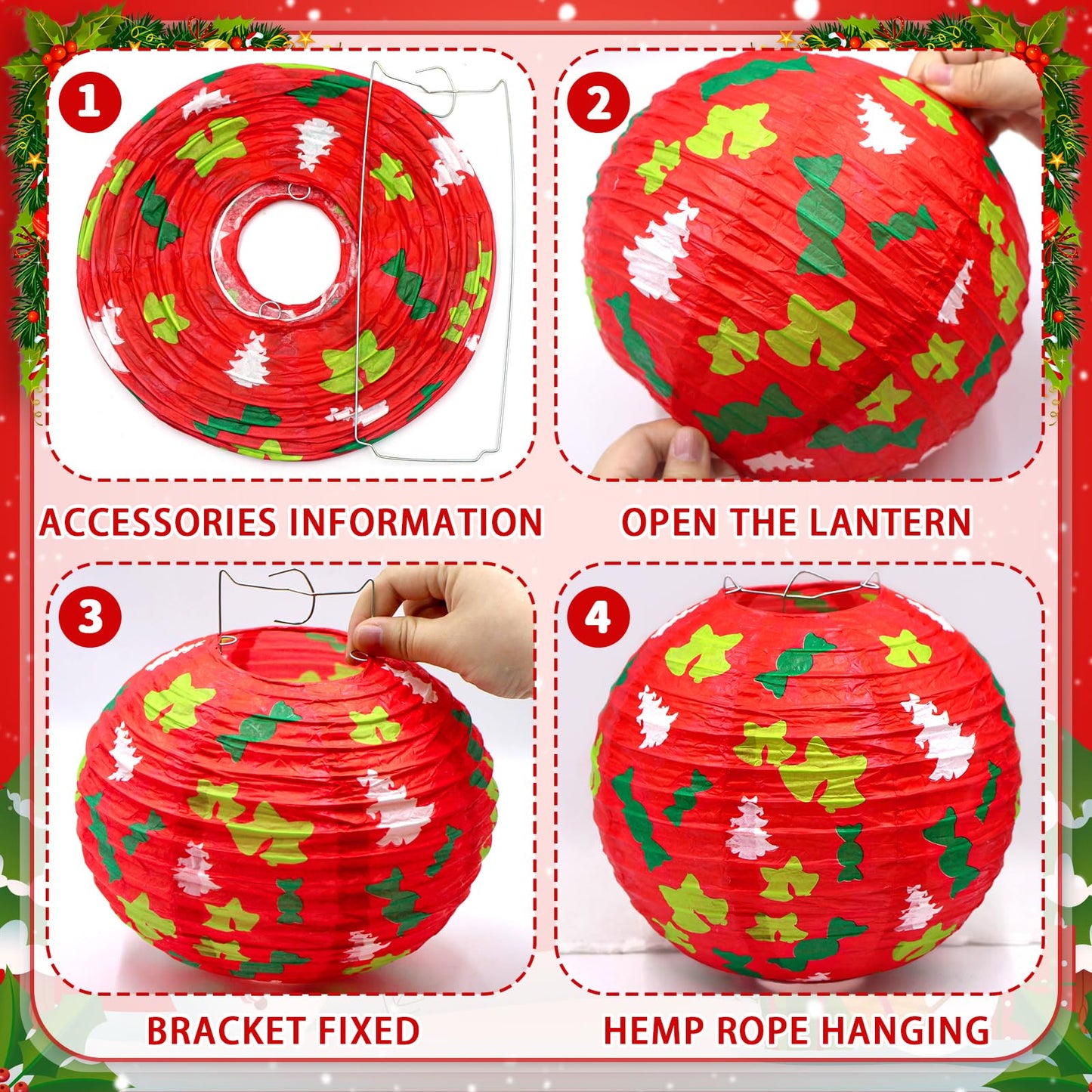 ADLKGG Christmas Party Decorations, Red Green Christmas Trees Bell Candies Printed Paper Lantern Decorative for Holiday Xmas Party Baby Shower Birthday Indoor Outdoor, 12Pcs