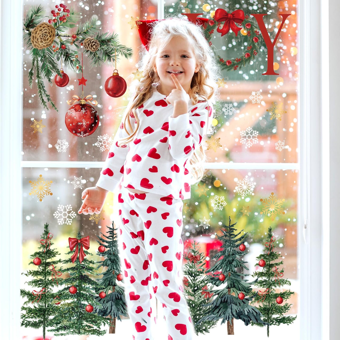 6 Sheets Christmas Window Clings Red Xmas Ball Tree Branch Snow Reusable Glass Decals for Winter Holiday Party Home Glass Window Decor