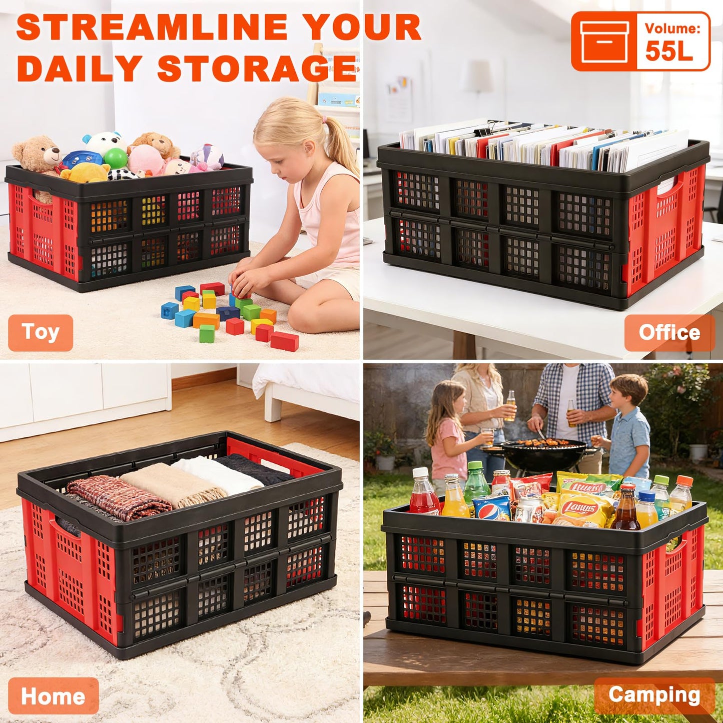 Shineyaplus 55L Collapsible Milk Crate for Storage, Plastic Crates 1 Pack, Collapsible 55lbs Heavy Duty Storage Crates for Home, Camping, Organizing