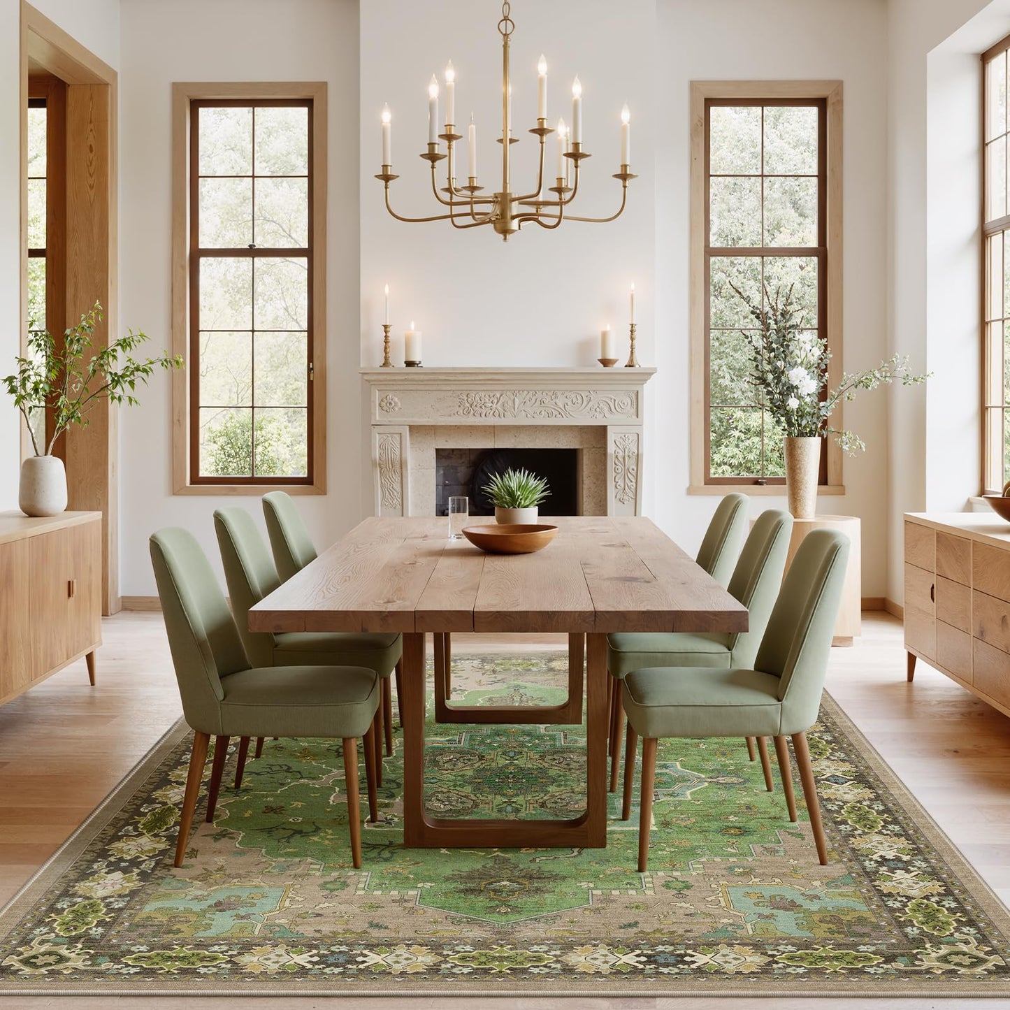 AMADA HOMEFURNISHING 6x9 Area Rug for Living Room, Vintage Washable Area Rug Low-Pile & Non-Slip Carpet for Bedroom Dining Room Nursery Home Office, Green