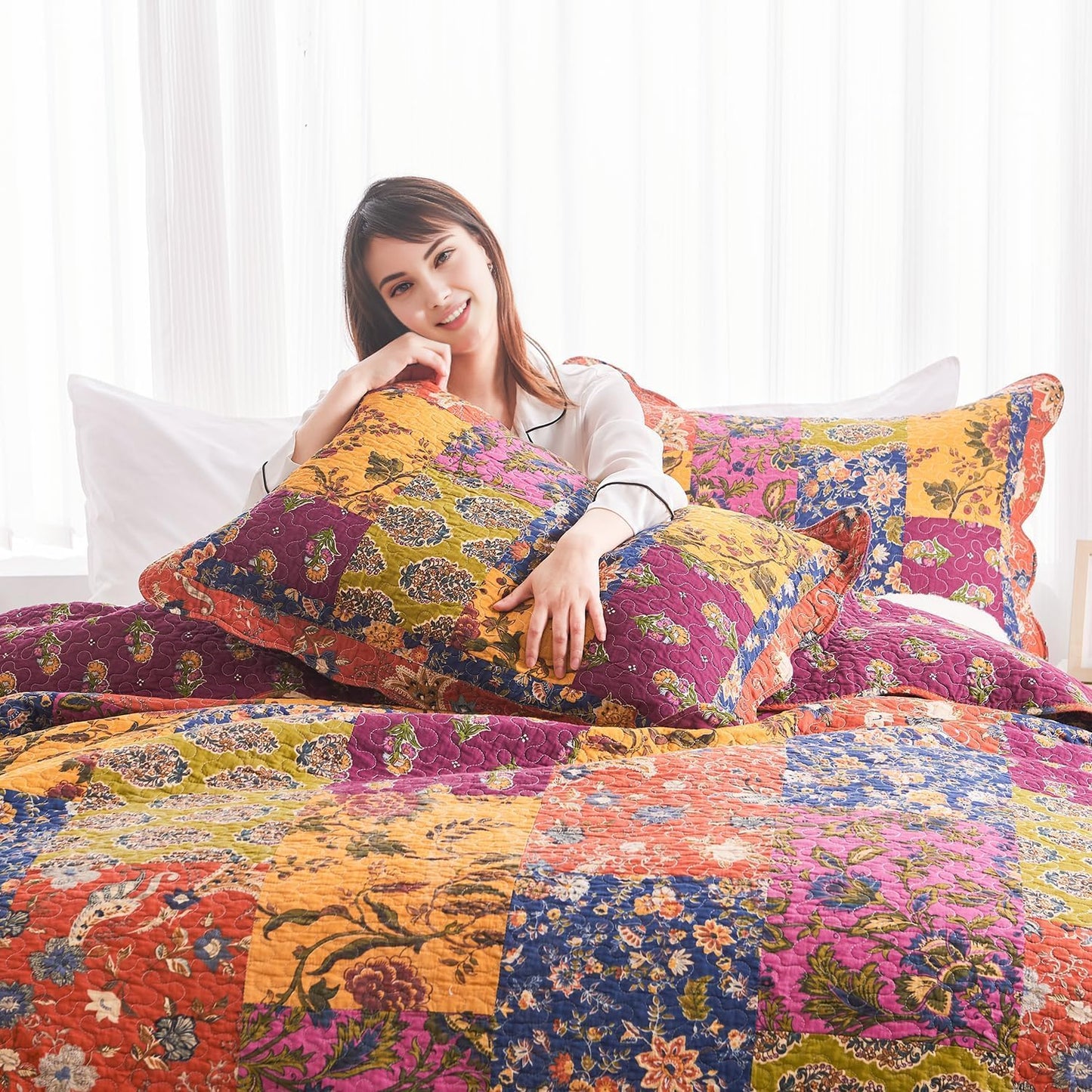 DECMAY 100% Cotton Quilt Queen Size, 3 Pieces Patchwork Bedspreads Queen Quilt Bedding Set, Lightweight Farmhouse Reversible Coverlet Comforter Set with 2 Pillowcases for All Seasons, Orange