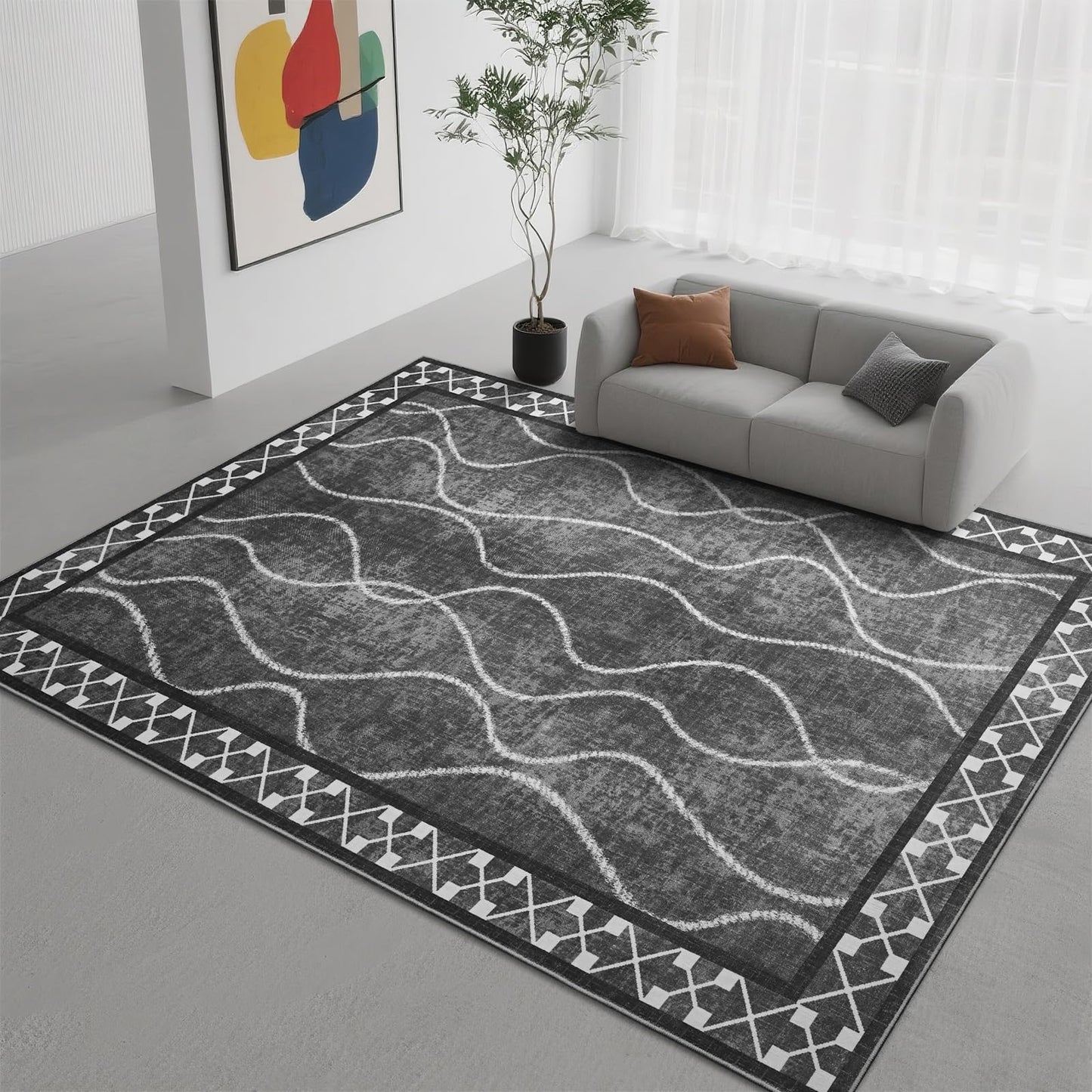 DweIke 4x6 Area Rugs for Living Room, Machine Washable Bordered Rug for Bedroom, Luxury Rubber Backing (Non-Slip) Low Pile Throw Carpet for Dining Room Kitchen Home Decor, Black Grey