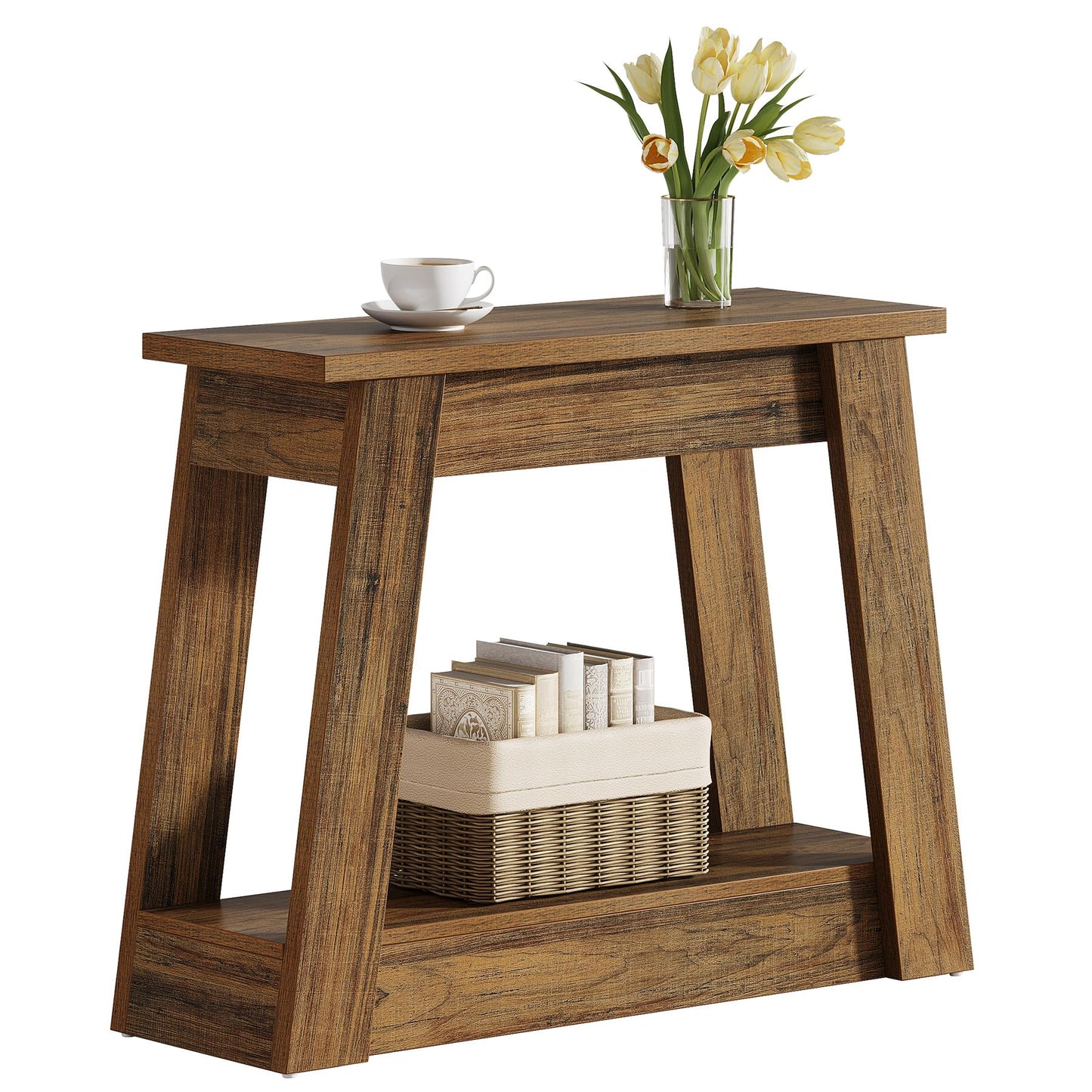 Tribesigns Wood End Table, Small Side Table with 2 Storage Shelves, Rustic Accent Narrow Nightstand for Living Room, Bedroom (1, Rustic Brown)
