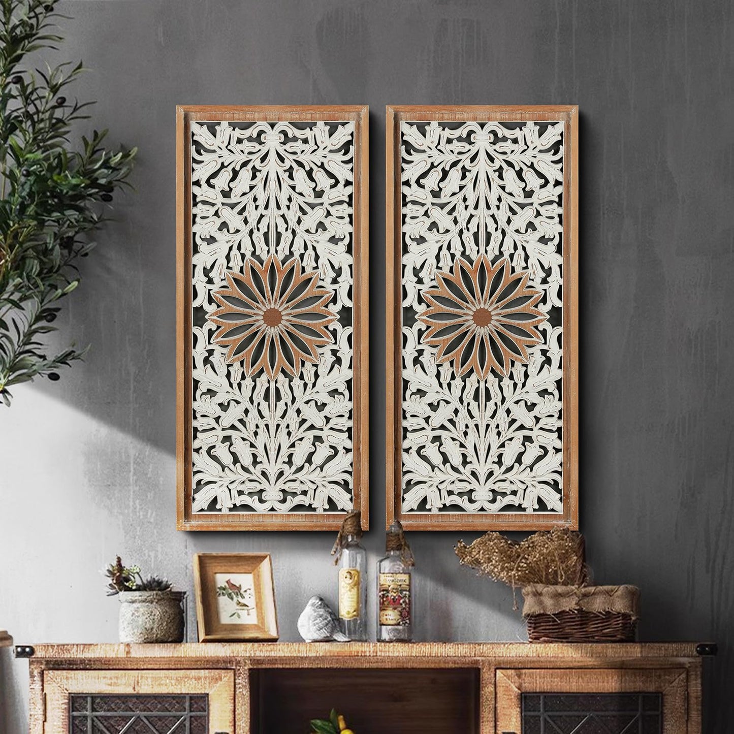 XIAOAIKA Boho Carved Wood Wall Art - Distressed Antique Floral Design Decorative Wall Panels, Large Wood Sculpture for Living Room, Bedroom, Entrance Hall (33 Inches, 2 Panels)