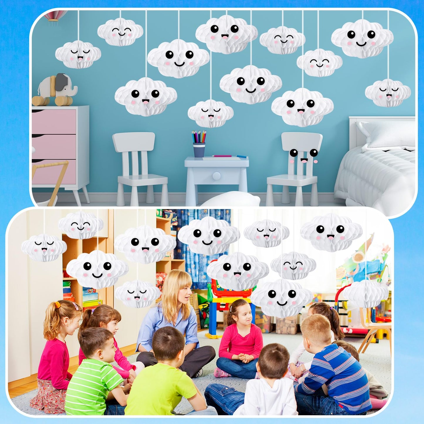 Affrolling 20 Pcs 3D Cloud Decorations Hanging Honeycomb Decor Artificial Cloud Ornaments for Ceiling Art Wedding Birthday Nursery Room Baby Shower Party Decorations (Medium,Cute Style)