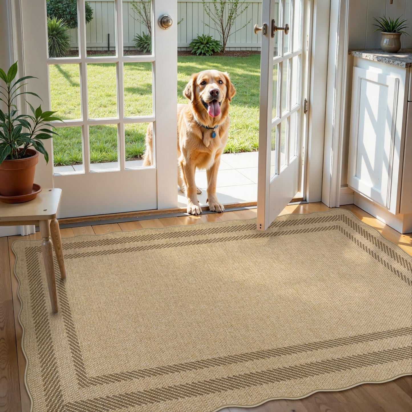 LIVEBOX Scalloped Easy Jute 3x5 Outdoor Rug, Washable Non-Slip Geometric Tan Rugs for Entryway, Indoor Outdoor Farmhouse Rug Modern Carpet Door Mat Area Rug for Patio Bedroom Living Room Kitchen Porch