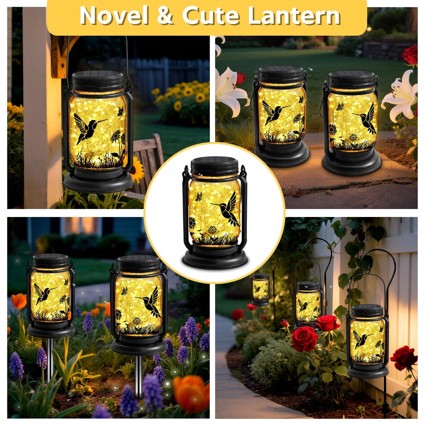 Hummingbird Solar Lanterns 3-in-1 Outdoor Waterproof - Birthday Gifts for Women Mom Christmas, Mason Jar Hanging Lanterns with Stake, Garden Decor Lights for Patio Yard Porch Lawn Balcony Decorations
