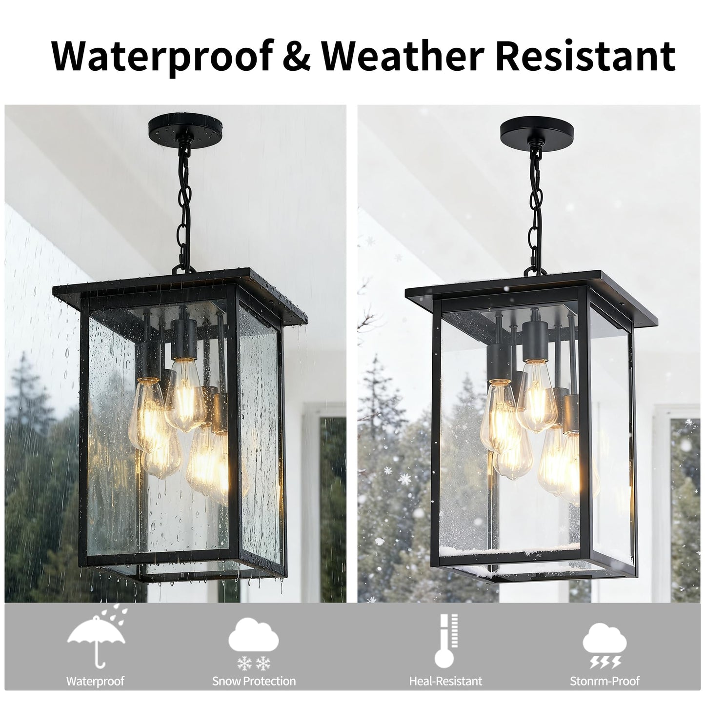 Modern Outdoor Pendant Light with Dual E26 Base Socket, Black Chandelier with Clear Glass Shade, Exterior Hanging Lantern for Front Porch Entrance Foyer Entryway
