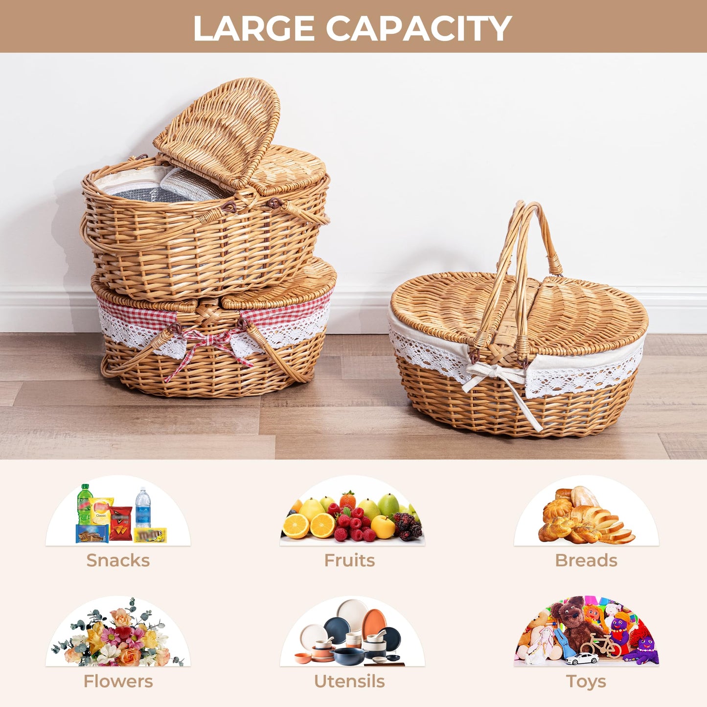 GRANNY SAYS Picnic Basket, Wicker Basket with Lid, Woven Cute Basket with Handle, Storage Basket with Washable Lining & Dual-Flid Lid, Natural Willow Picnic Hamper, Red Lining