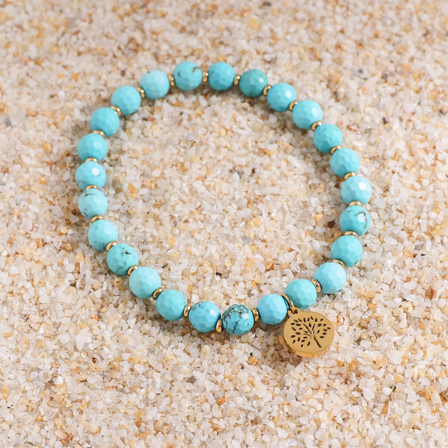 TaYolnFaSo Natural Turquoise Stretch Bracelet Stainless Steel Handmade Tree of Life Charm Turquoise Beaded Jewelry Gift for Women Men