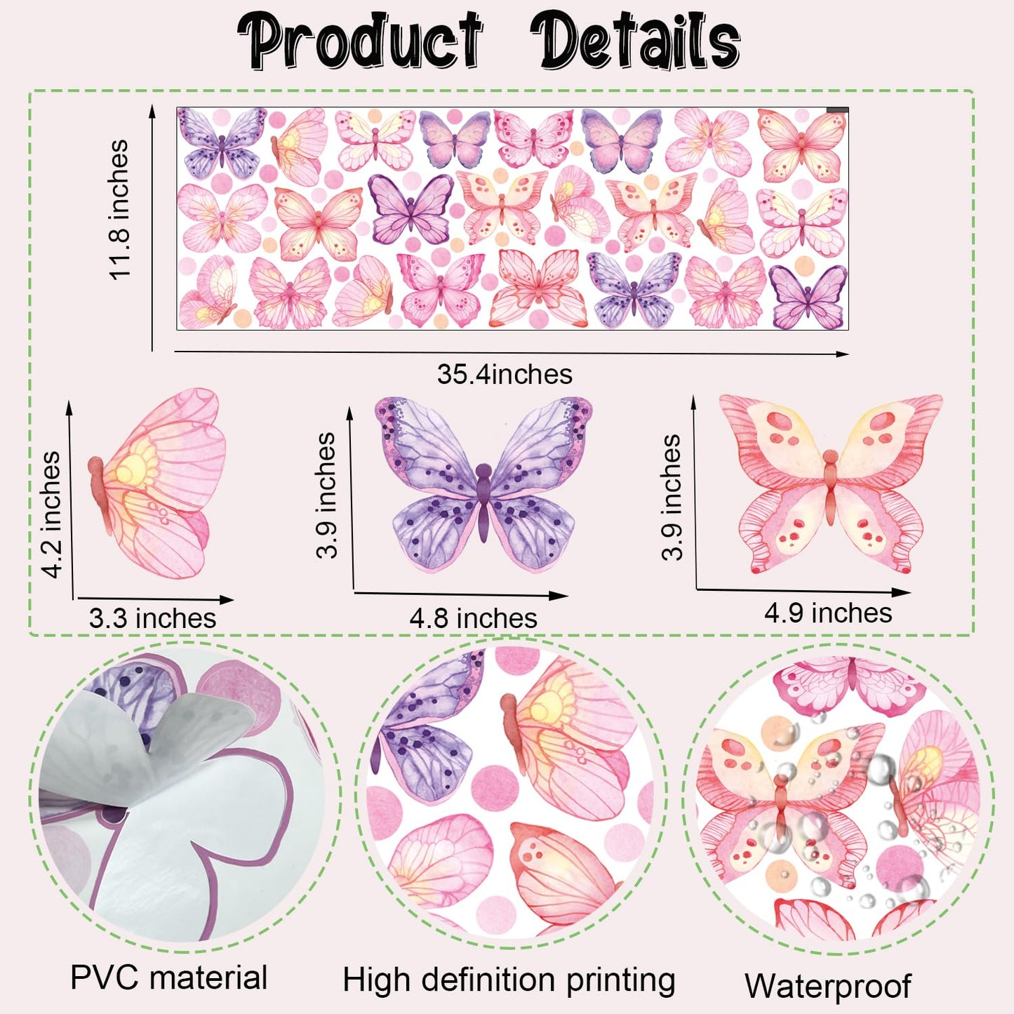XUOIAYNB Pink Butterfly Wall Stickers,Butterflies with Plot Dots Vinyl Wall Decals, Removable Butterfly DIY Wall Art for Girl Bedroom Nursery Room Decor