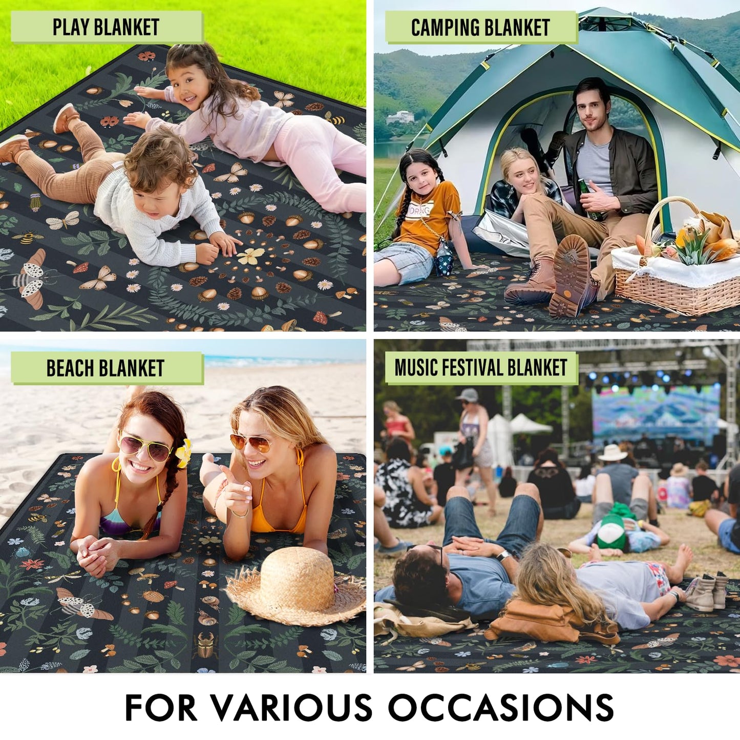 Mushroom Picnic Blankets Waterproof Foldable, 60″X80″ Packable Picnic Mat Insect Outdoor Blanket for Grass, Boho Large Beach Blanket Sandproof Picnic Accessories for Camping Music Festival Park Lawn