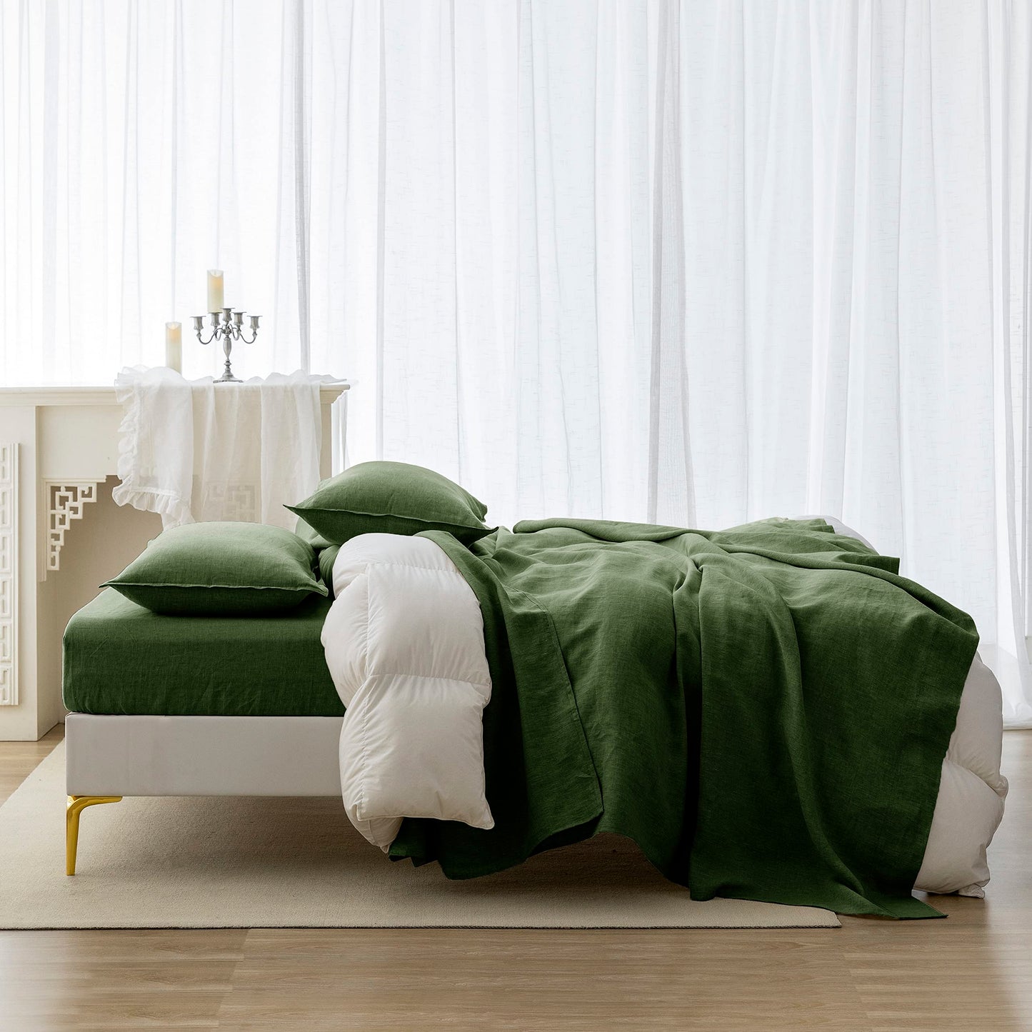 EVERLY 100% Linen Pillowcases Set of 2, Envelope Overlap Closure French Natural Washed Flax Pillowcases 20x26 inches-Mossy Green