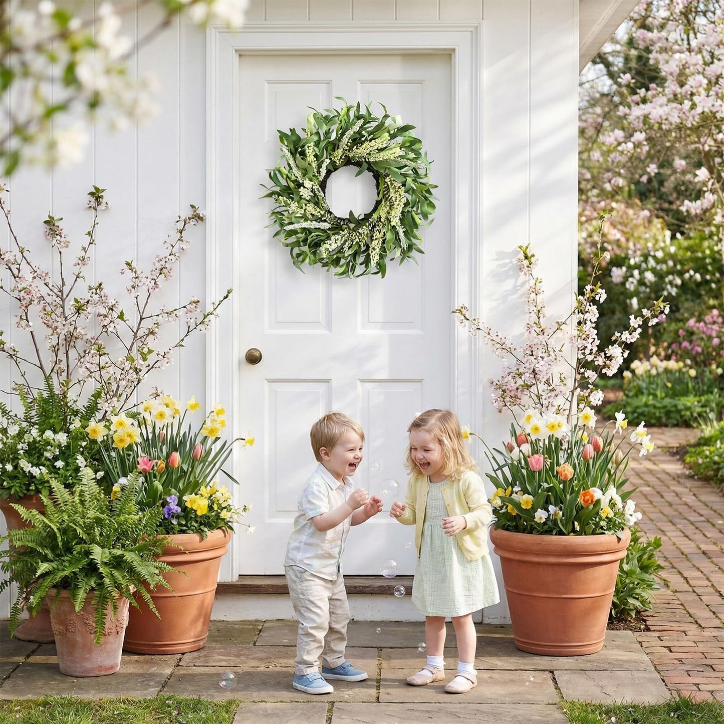 Greenery Spring Wreath for Front Door, 26 Inch Large Wreath with Artificial Eucalyptus Leaves and Cream Ear of Grain, All Season Spring Wreath for Wedding Rustic Modern Farmhouse Home Decor