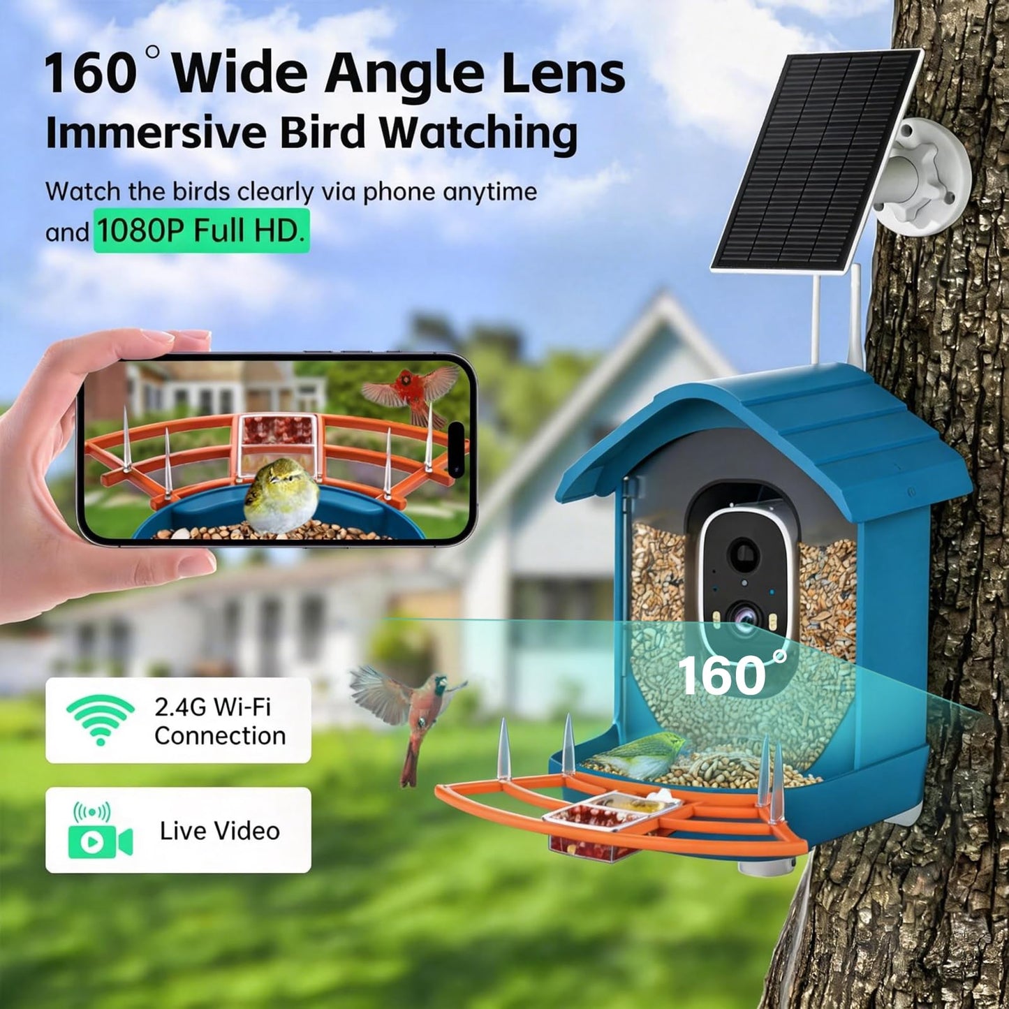 Bird Feeder with Camera, AI Bird Identification, Full HD Live Video, Solar Powered, 2.4Ghz WiFi, Instant Arrival Alerts - Best Gifts for Bird Lover
