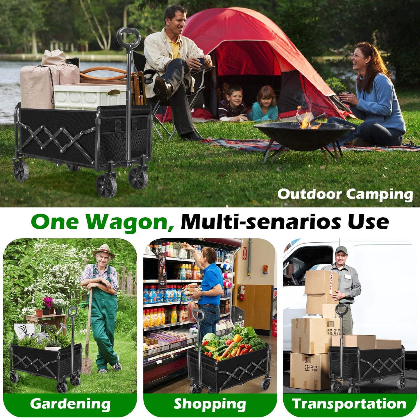 Collapsible Wagons Carts Foldable Wagon, Foldable Wagon Cart with Wheels, Folding Wagons for Beach Camp Sports Garden, 2 Cup Holders/Lightweight Portable/Black/360 LBS