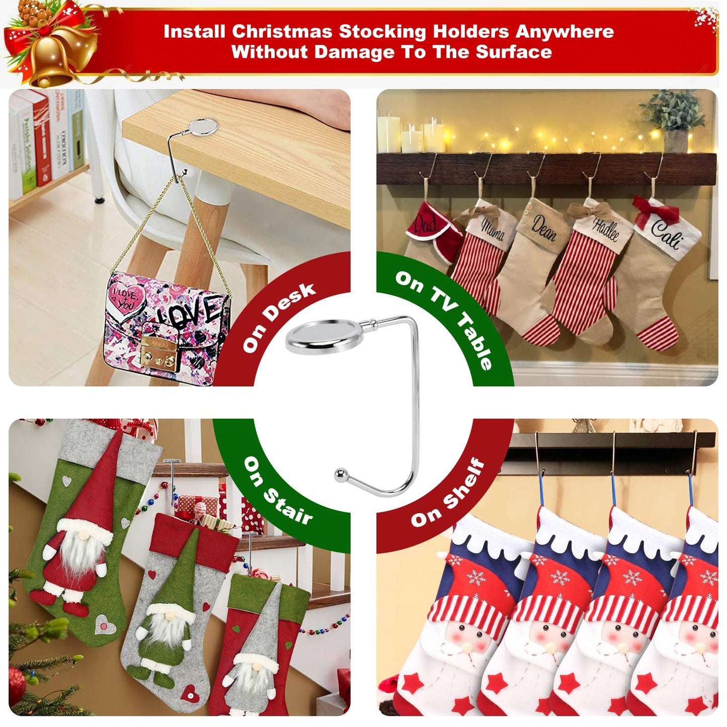 365park Christmas Stocking Holders for Mantle, 6 Pack Mantel Stocking Hangers Metal Hooks for Fireplace Christmas Xmas Party Decoration (Silver)