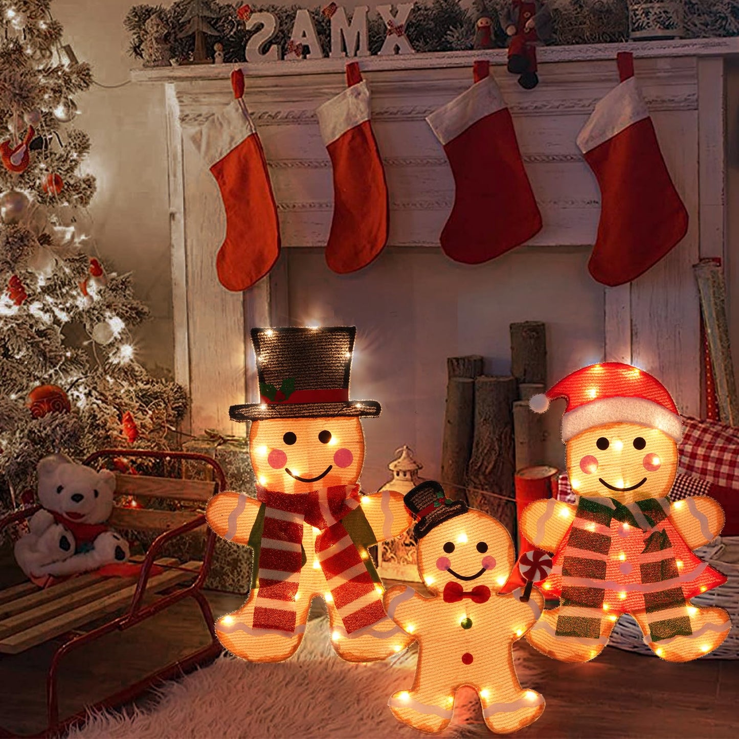Light Up Outdoor Christmas Decorations, Lighted Indoor Christmas Decor, Christmas Decorations for Home Yard Garden Holiday Party (Gingerbread Man Family)