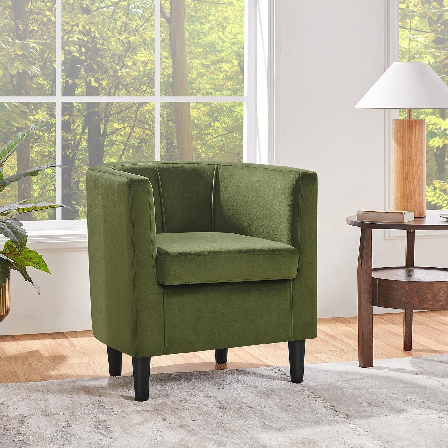 Yaheetech Velvet Accent Chair, Modern and Comfortable Armchairs, Upholstered Barrel Sofa Chair for Living Room Bedroom Waiting Room, Olive Green