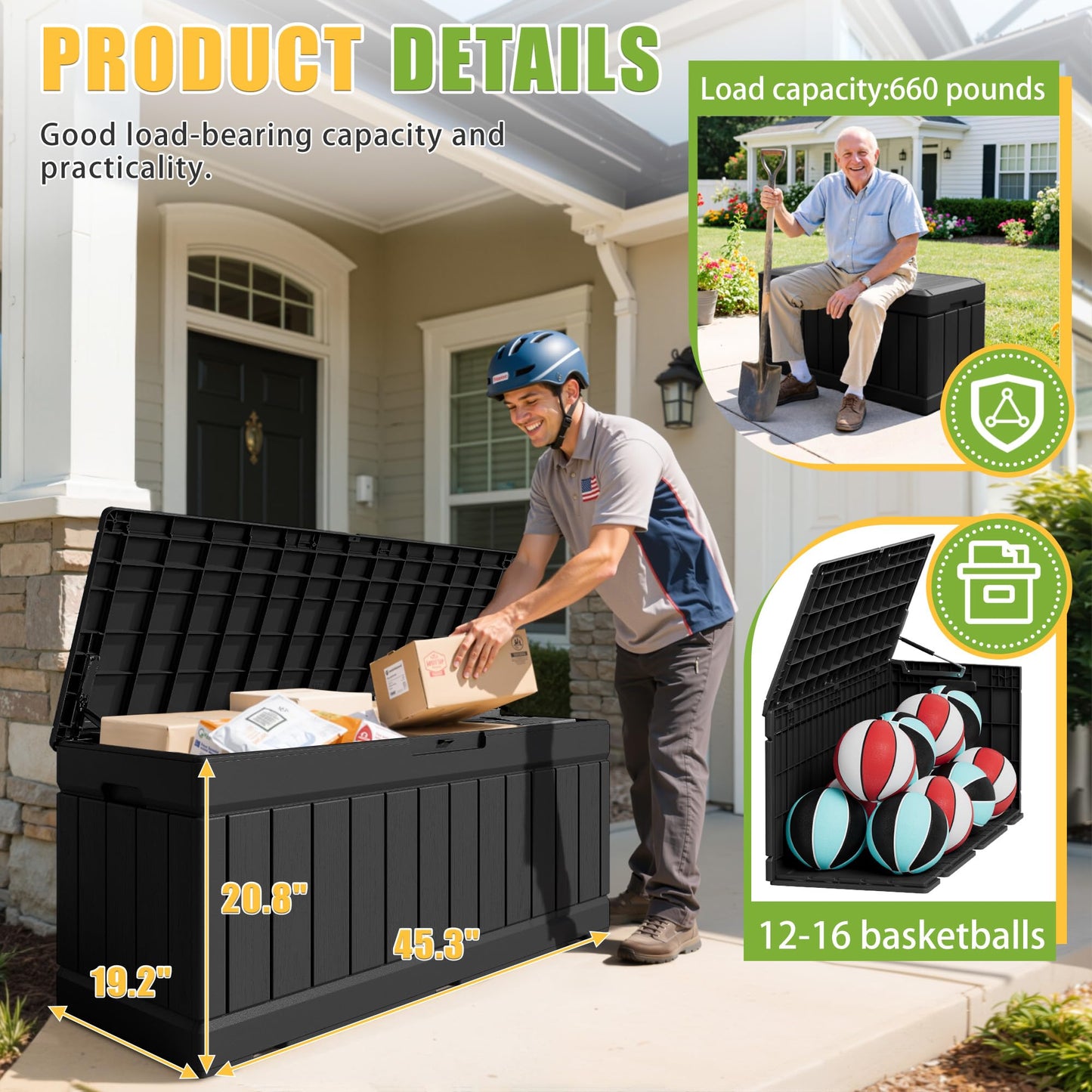 Greesum Outdoor Storage Box 82 Gallon Storage Bin with Lid for Patio Furniture, Garden Tools, Pool Supplies, Waterproof and UV Resistant, Lockable, Black