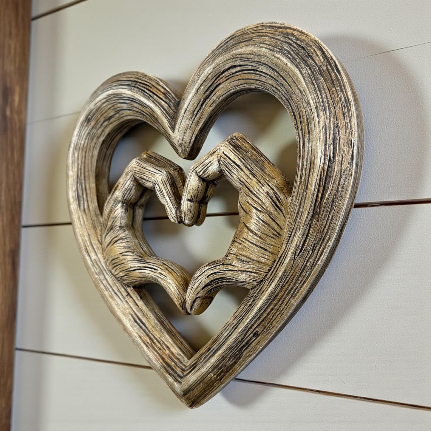Top Brass Heart Hands Wall Decor – Romantic Resin Heart Sculpture, 8 1/8" x 8 1/8” – Symbolic Love Wall Art with Sawtooth Hanger – Wood Grain, Matte Black, Rustic Bronze, Antique Silver Finish (Wood Grain)