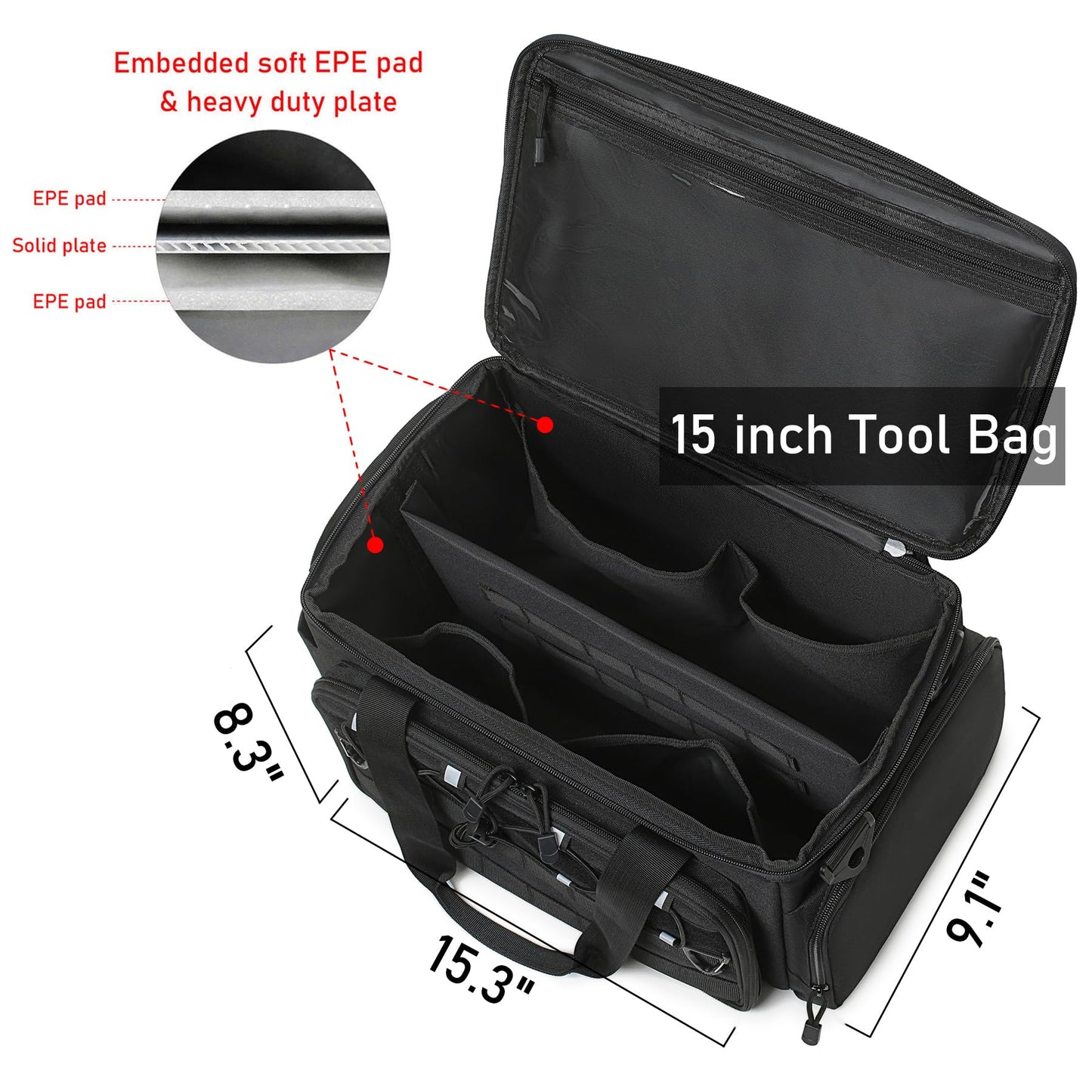 15-Inch Tool Bag Multi-purpose Tool Organizer Bag For Men with Shoulder Strap, Tactical Range Bag Work Tote for Repairman, Carpenters, Handymen (Black)