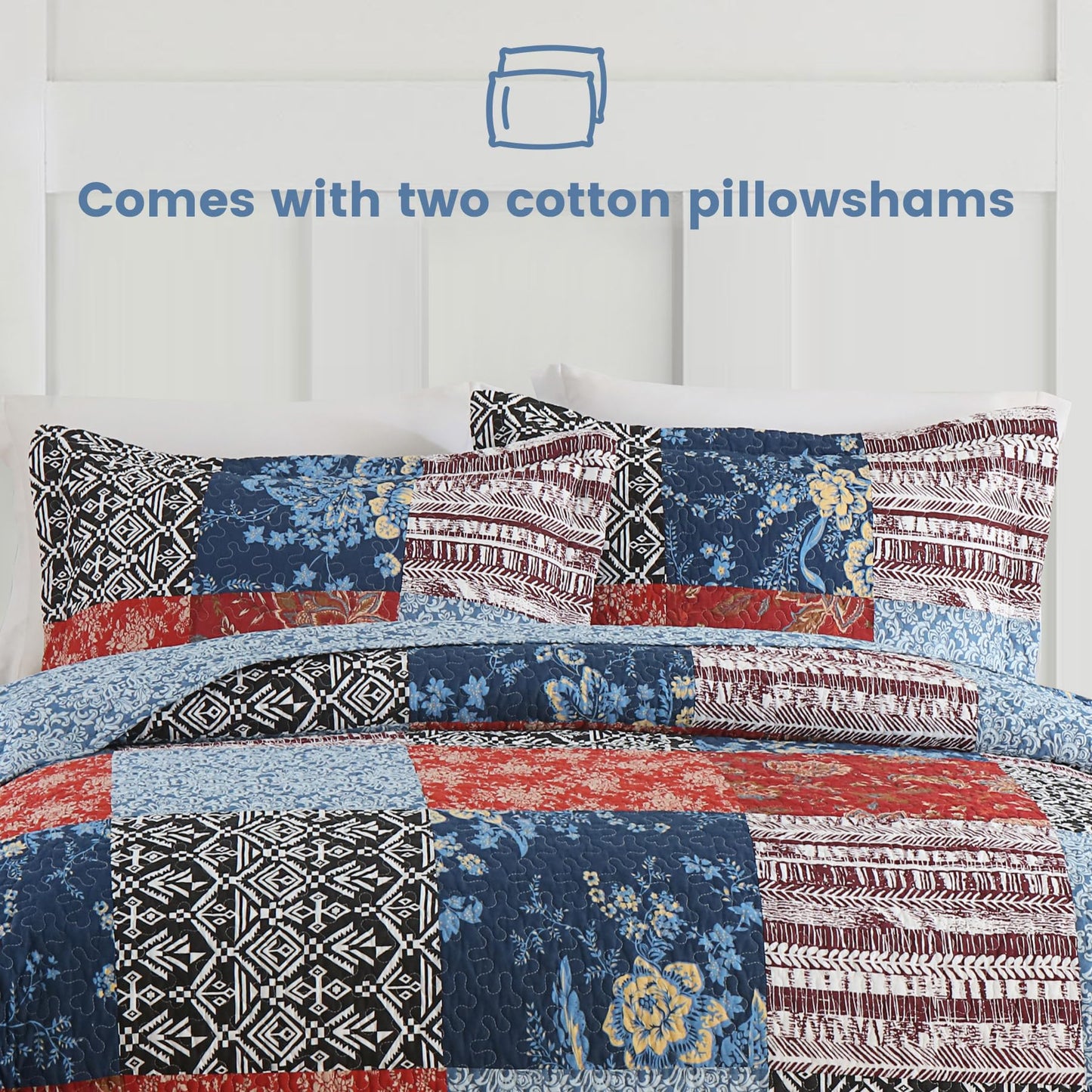 Secgo California King Comforter Set for Bed - 100% Cotton Quilts Cal King Size, Black Bedspreads (120 * 110 Inch) with 2 Pillow Shams, Patchwork Reversible Lightweight Bedding