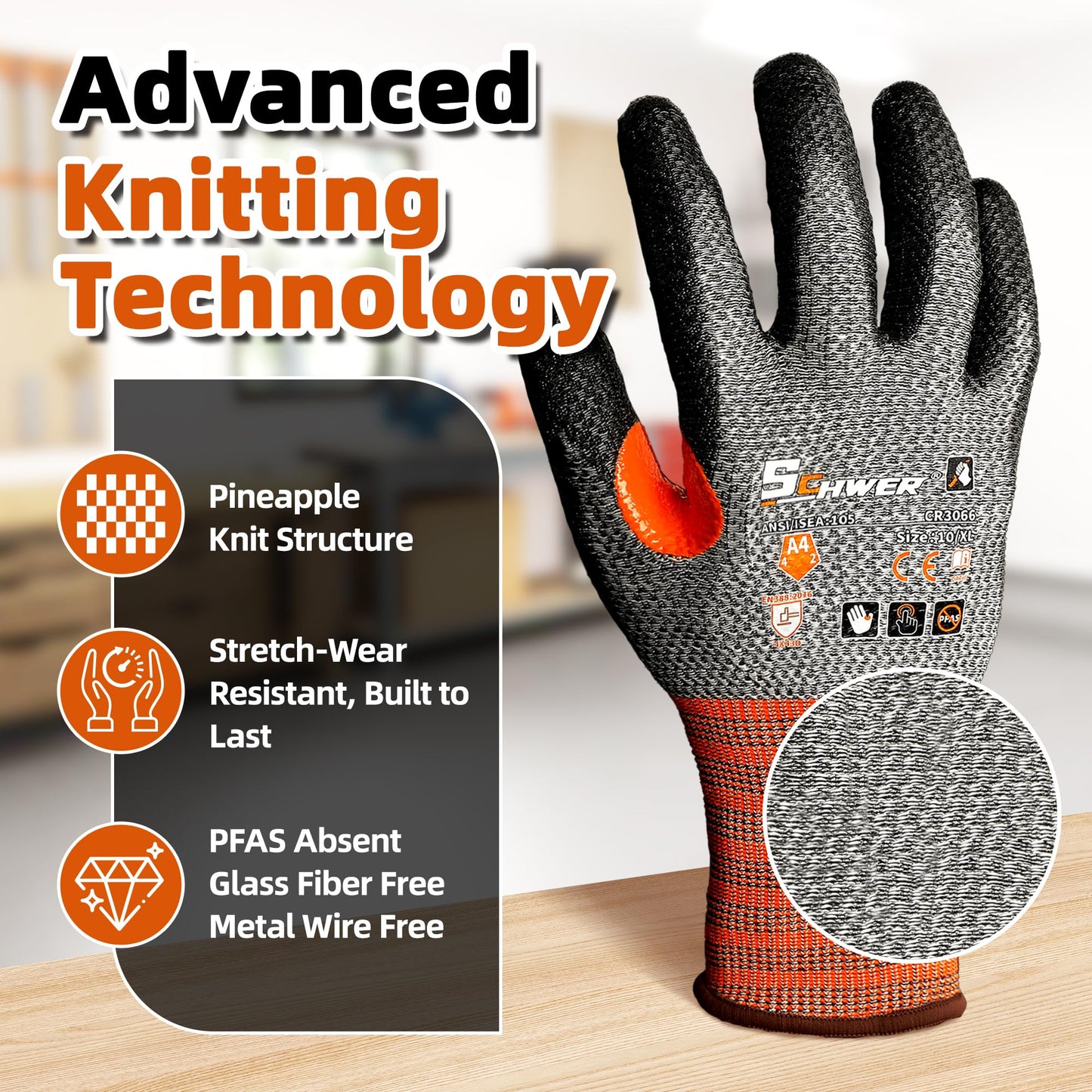 Schwer 12 Pairs Cut Resistant Work Gloves, CR3066 ANSI A4 Cut Proof Gloves with PU Coating, Touch-Screen, Non Slip, Reinforced Thumb, Wire & Fiberglass Free, Durable Working Gloves for Construction, L
