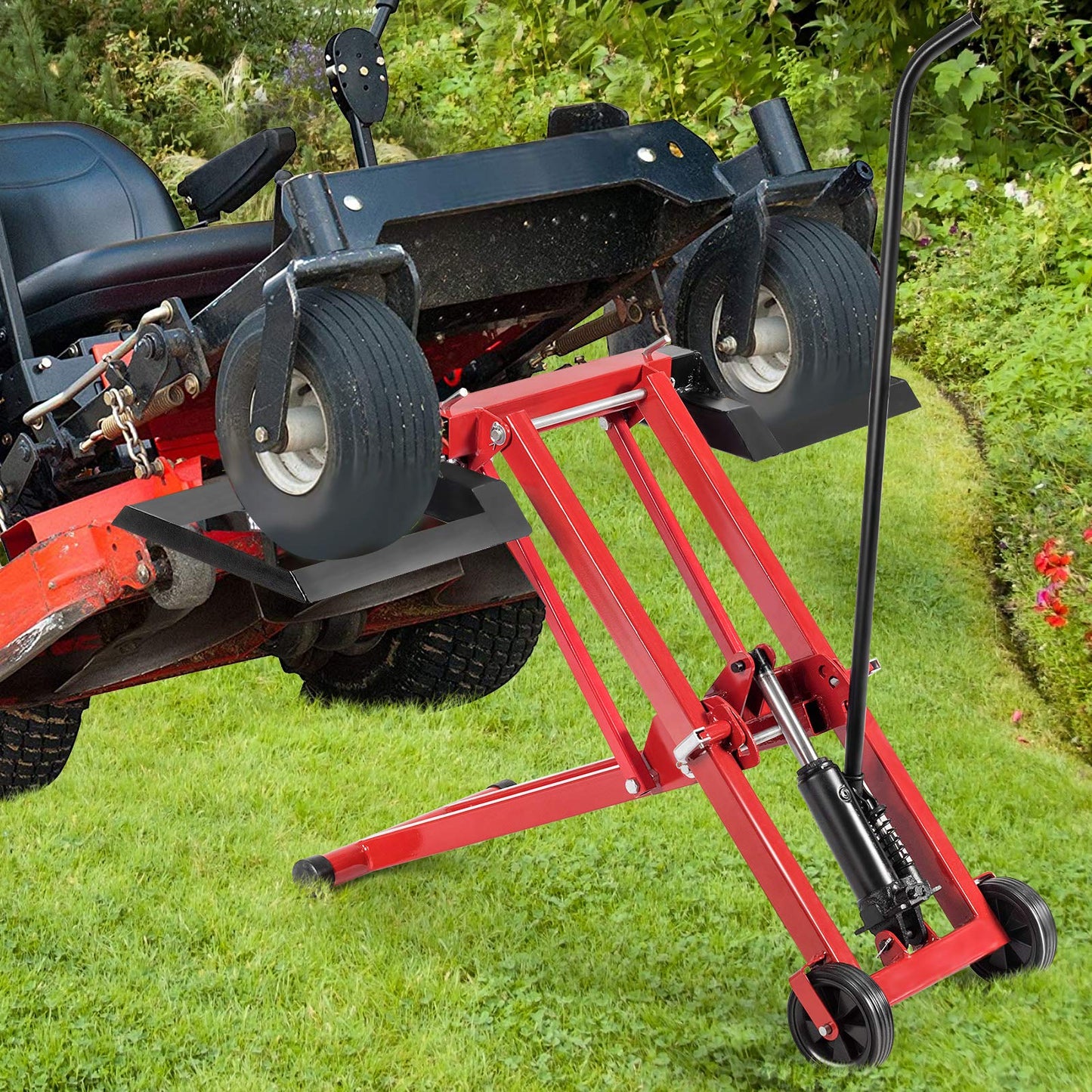 Goplus Lawn Mower Lift, 500LBS Capacity Zero Turn Mower Lift with Hydraulic Jack, Non-Slip Wheels, Adjustable Movable Lawn Mower Lift Jack for Riding Tractors, Lawnmowers