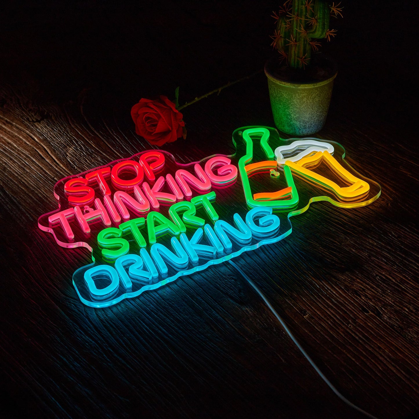 Stop Thinking Start Drinking Bar Neon Sign for Bar Sign Wall Décor with Dimmable Switch for Beer Pub LED Neon Signs Light Decor