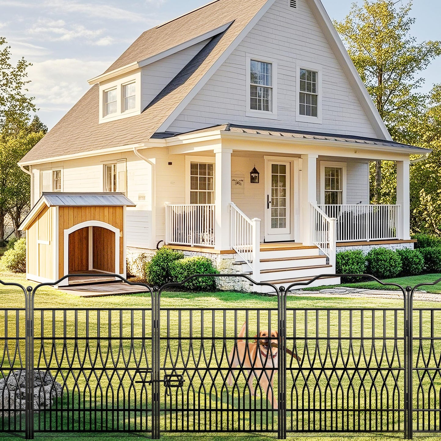 Bepatio 5 Panels Tall Garden Fence with Latch, 43.3in (H) x 14.8ft (L) Dog Fence Outdoor for Yard, Arc Metal Fencing Panels, Animal Barrier Fencing for Outdoor, Patio, Flower Bed