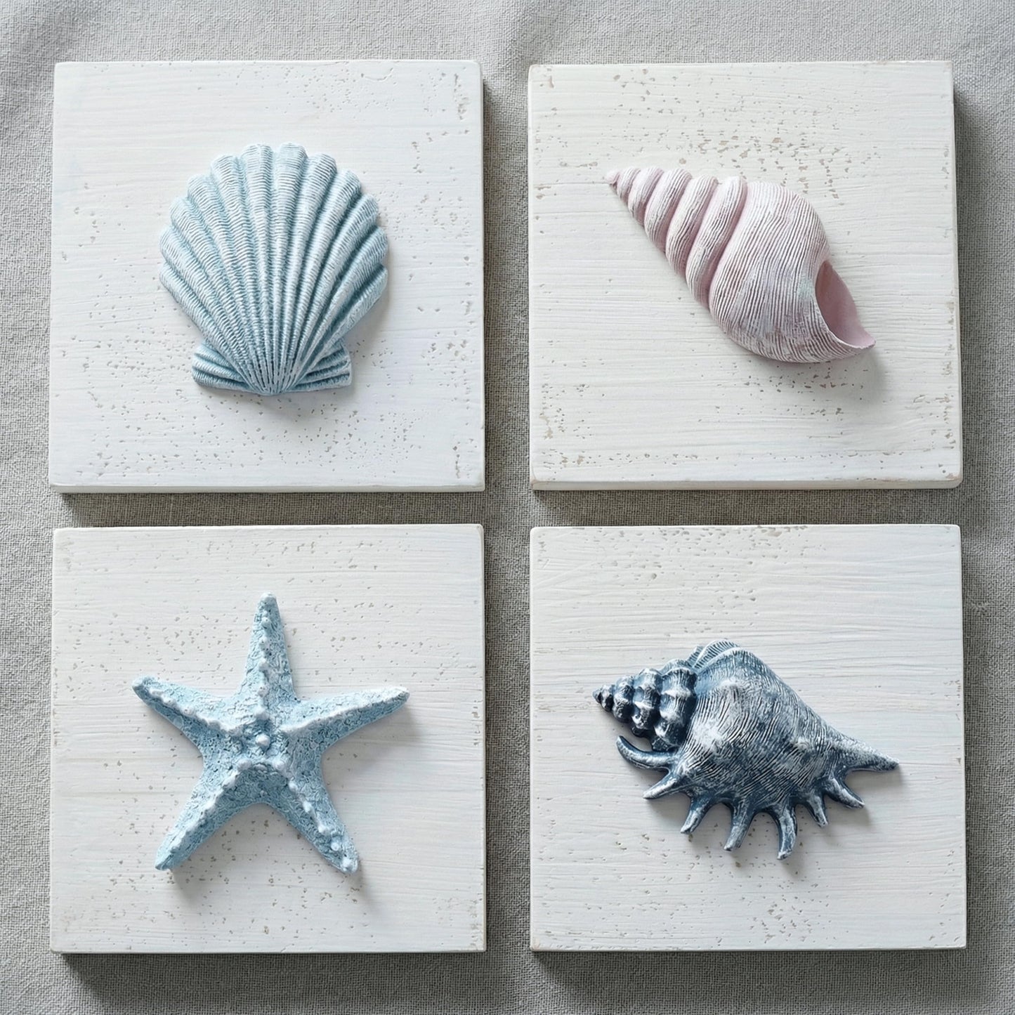 TideAndTales Beach Decor Seashell Wall Art - (Set of 4) Textured 3D Shells and Starfish Decorations for Home or Beach House, Rustic Ocean Theme Coastal Bedroom or Bathroom Wall Decor 6" x 6"