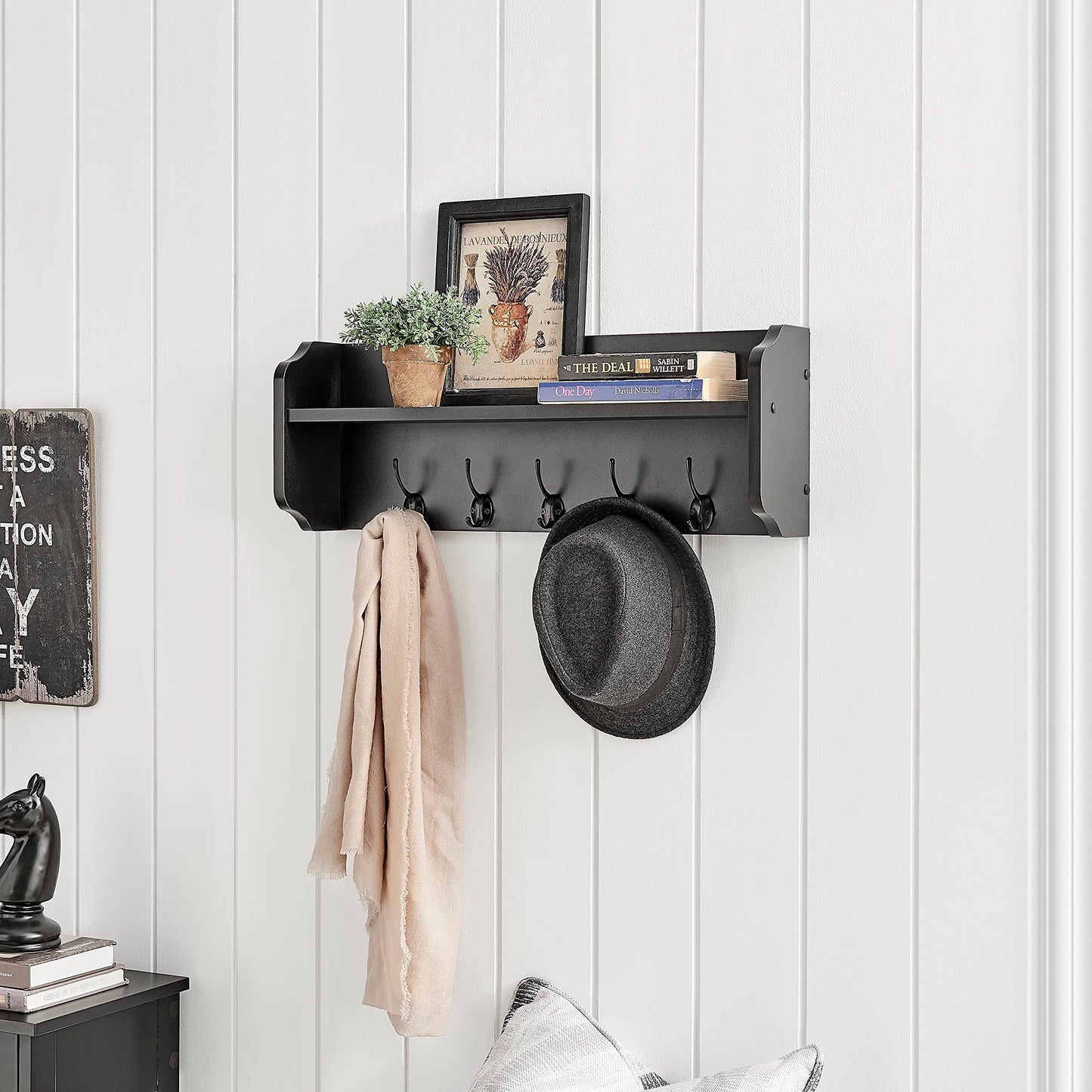 Danya B. Entryway Floating Utility Wall Shelf with Hooks – Wall Mounted (Black)