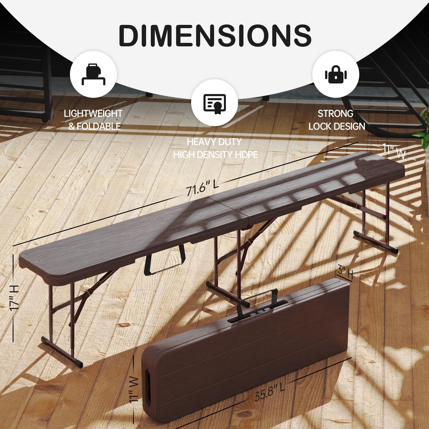 VSOAEIL 6 Foot Folding Bench, Portable Plastic Folding Bench Seat, Foldable Seat for Indoor Outdoor Picnic Camping Dining, Soccer Garden Multipurpose Entertaining Activities, Brown, 2 Pack