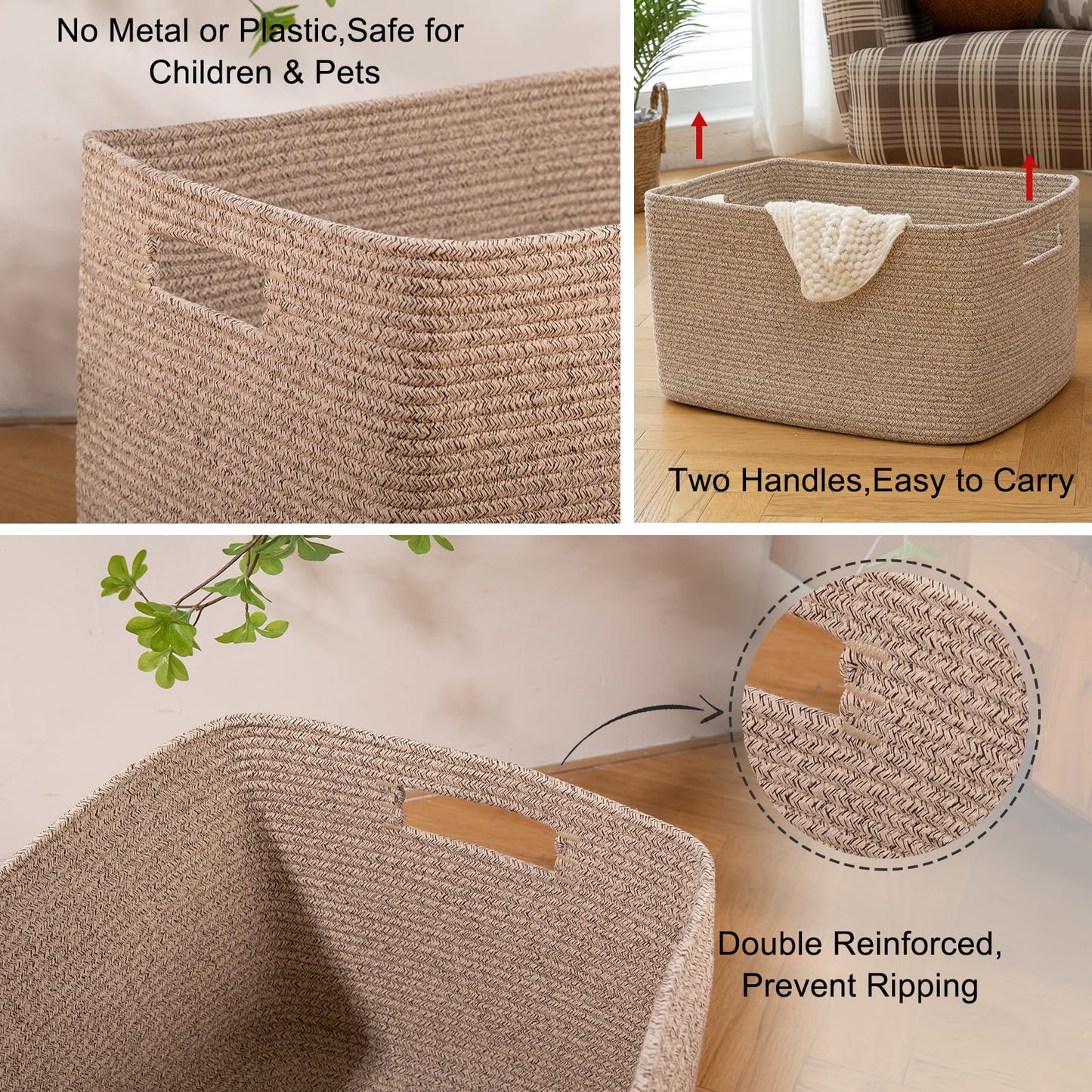 OIAHOMY 118L XXXLarge Cotton Rope Storage Basket, Oversized Blanket Basket, Used for Organizing Dirty Clothes in Living Room, Bedroom, Nursery, Dog Toy Storage Bins, 25" x 17" x 16",Brown variegated