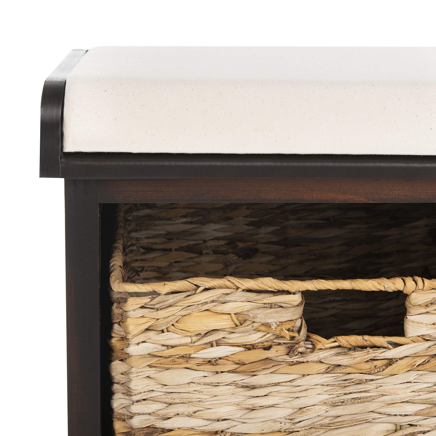 SAFAVIEH Home Collection – Freddy Brown Storage Bench with Wicker Baskets & Cushion, Entryway Seating Bench, Fully Assembled (AMH5736A)