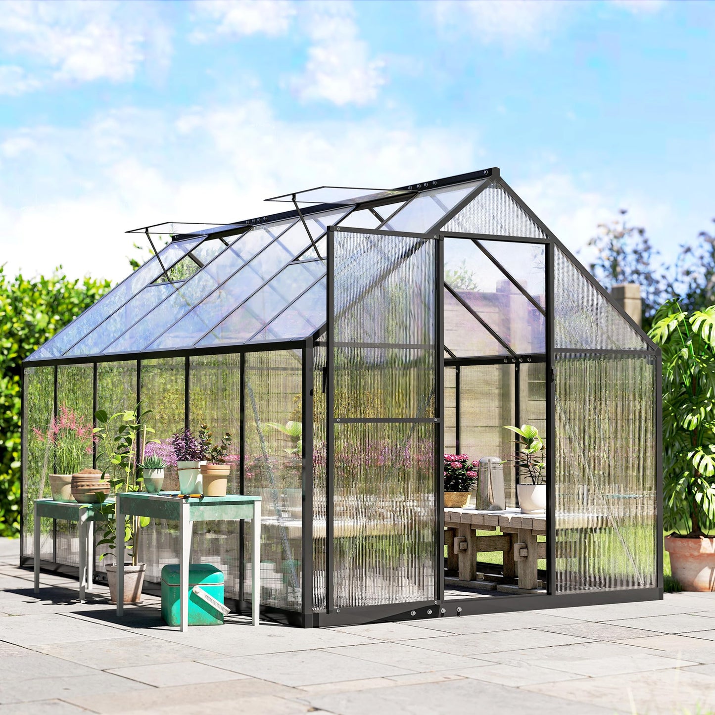 Outsunny 11x6 ft Polycarbonate Greenhouse with Swing Door and Two Adjustable Roof Vents, Aluminum Walk-in Greenhouse Outdoor Greenhouse for Patio Garden Backyard, Black