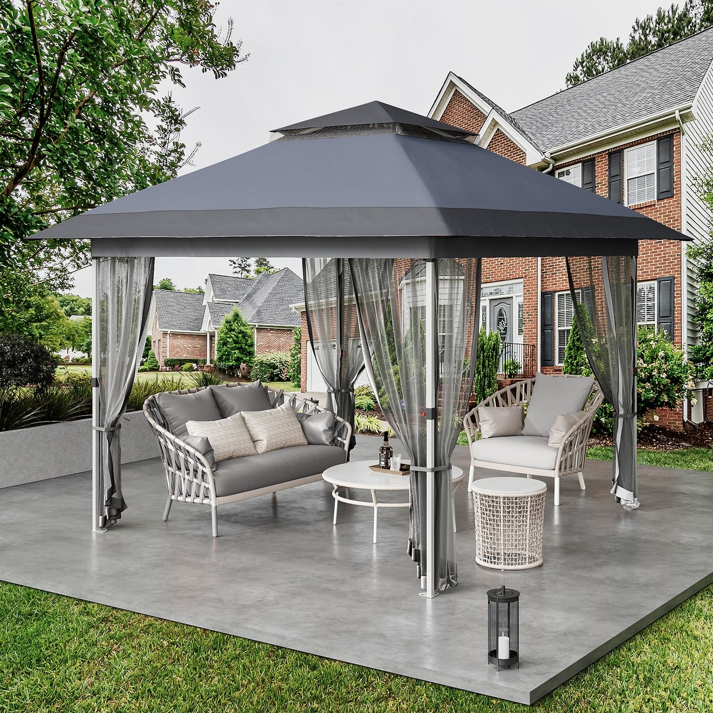 Garvee 11'x11' Gazebo Canopy Tent with Curtains, Pop Up Outdoor Shelter with Mosquito Netting for Patio, Backyard Party, 2-Tiered Vented Top, 121 Square Feet of Shade, Gray