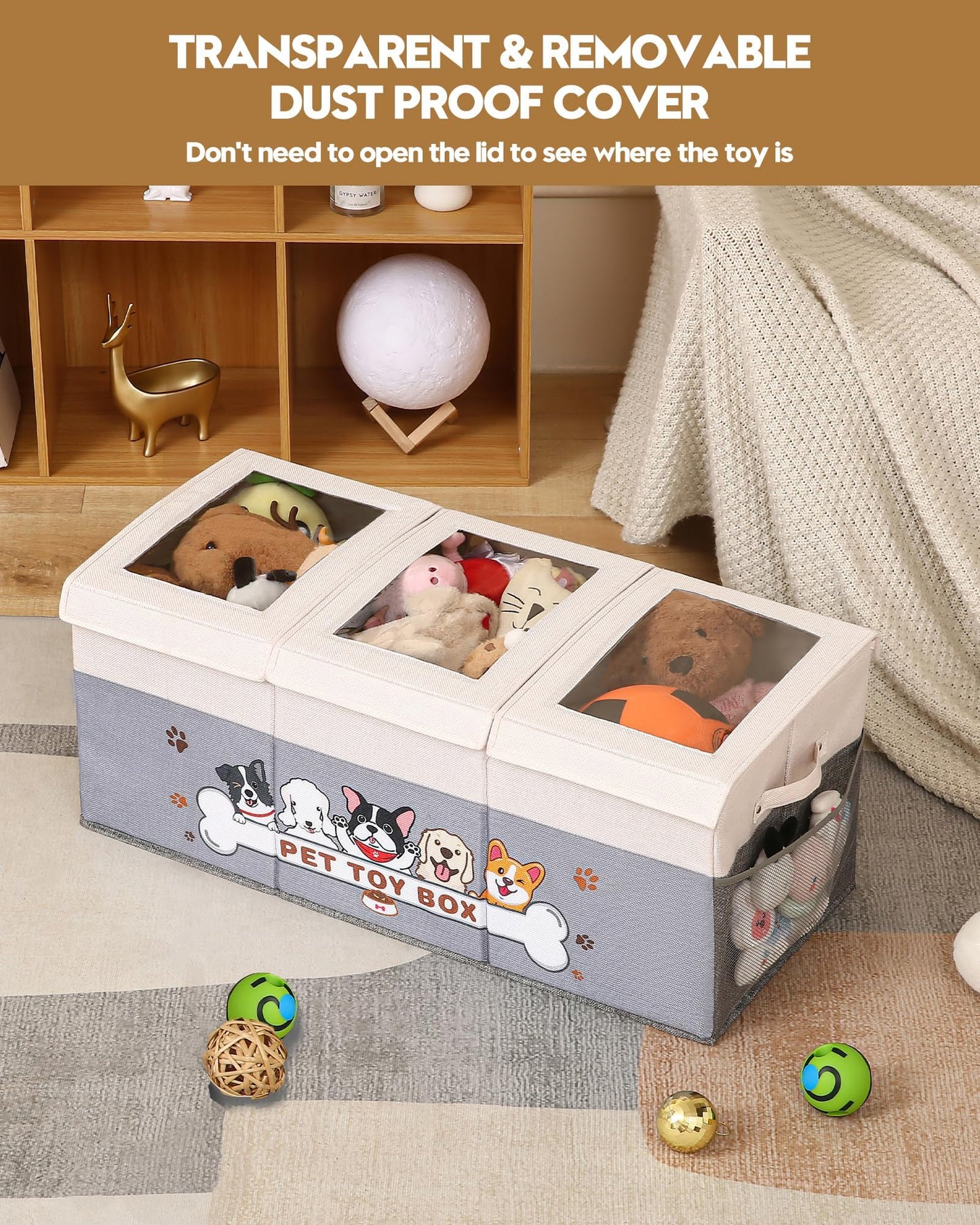 Garlloupath Dustproof Dog Toy Box With Transparent Lid, 3 Grids Dog Toy Bin, Extra Large Storage Holder Container, Foldable Chest