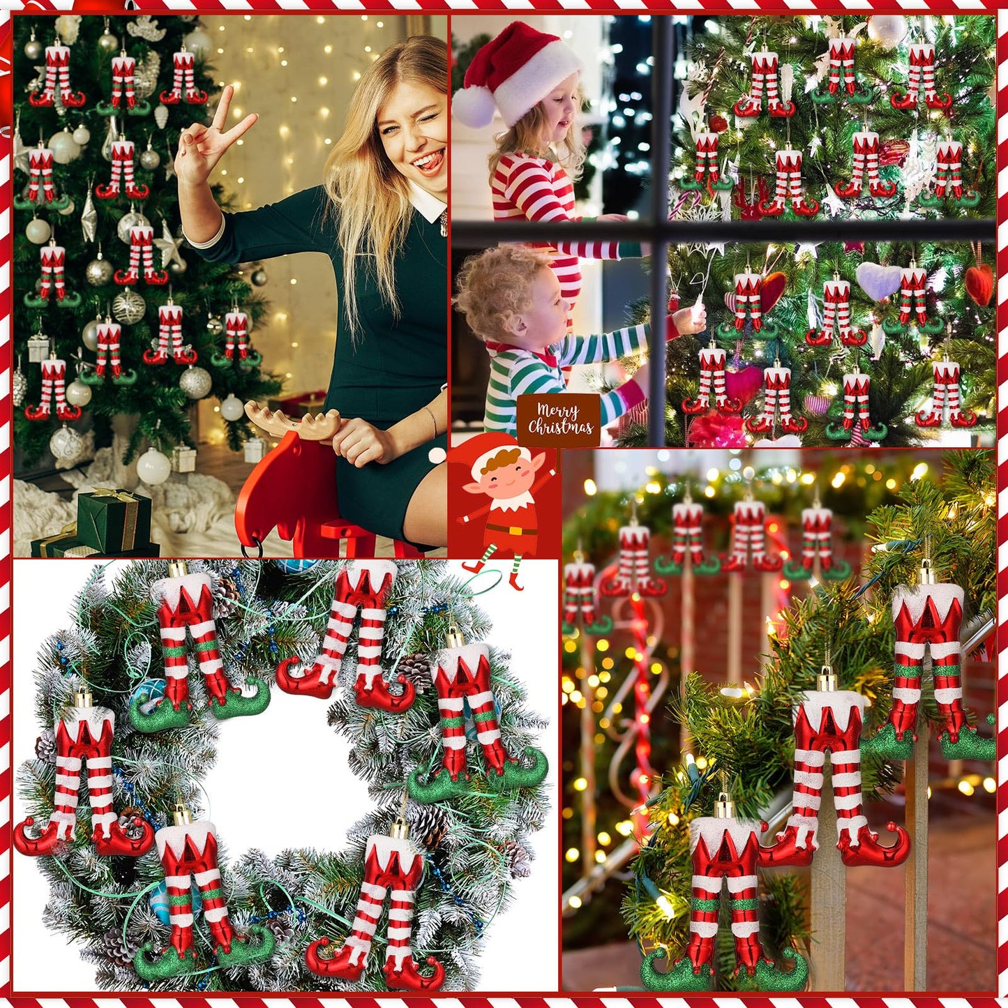 Soulchen 10 Pcs Christmas Elf Legs Ornaments Xmas Red Green White Feet Tree Topper Plastic Elf Feet Hanging Decorations with Gold Rope for Holiday Party Crafts Home Decor