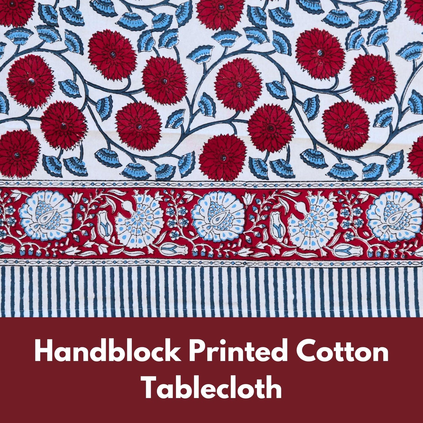 HANDICRAFT HANDLOOM Handblock Print Cotton Tablecloth – 60x90 Rectangle Table Cover Seats 6 – Indian Block Printed Floral Dining Table Linen – Boho Washable Cloth for Kitchen, Party, Outdoor (White)