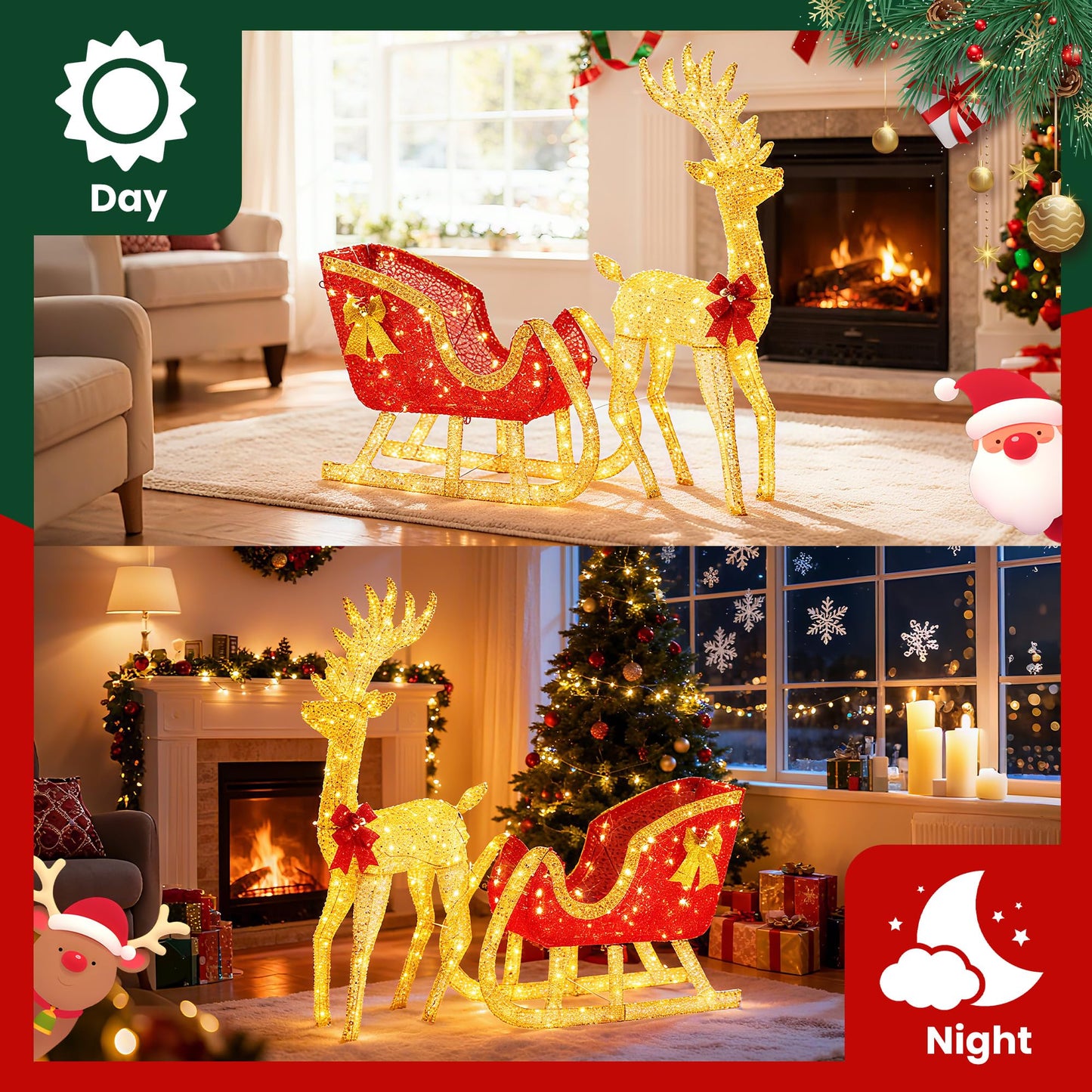 Sweetcrispy 4 FT Lighted Christmas Reindeer & Santa Sleigh Set, Family Outdoor Indoor Xmas Pre-Lit Yard Decoration w/ 180 LED Lights, Holiday Deer & Sled for Garden Lawn Patio Display, Gold-Red