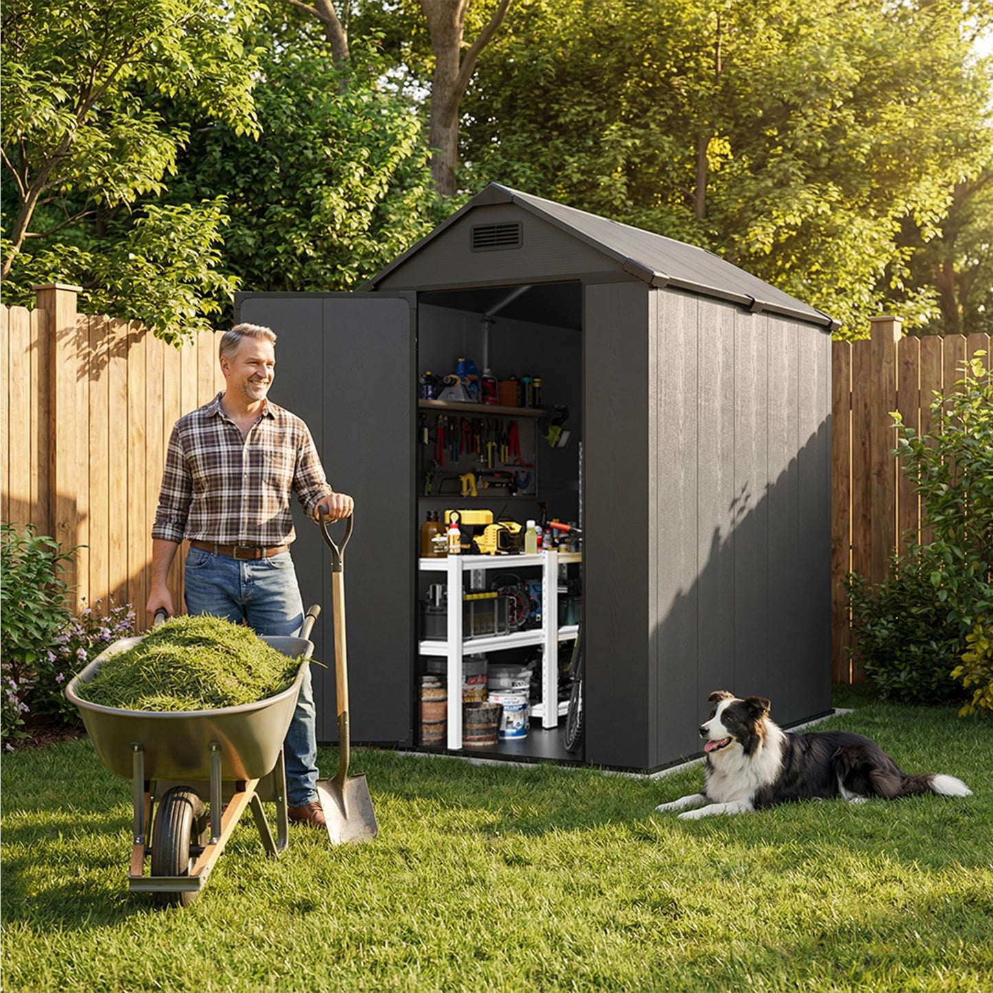 Greesum 4x6FT Plastic Shed with Floor, Outdoor Storage Shed with Vent and Locable Door, Waterproof Plastic Tool Storage Without Window, for Garden, Garage, Lawn, Deep Gray
