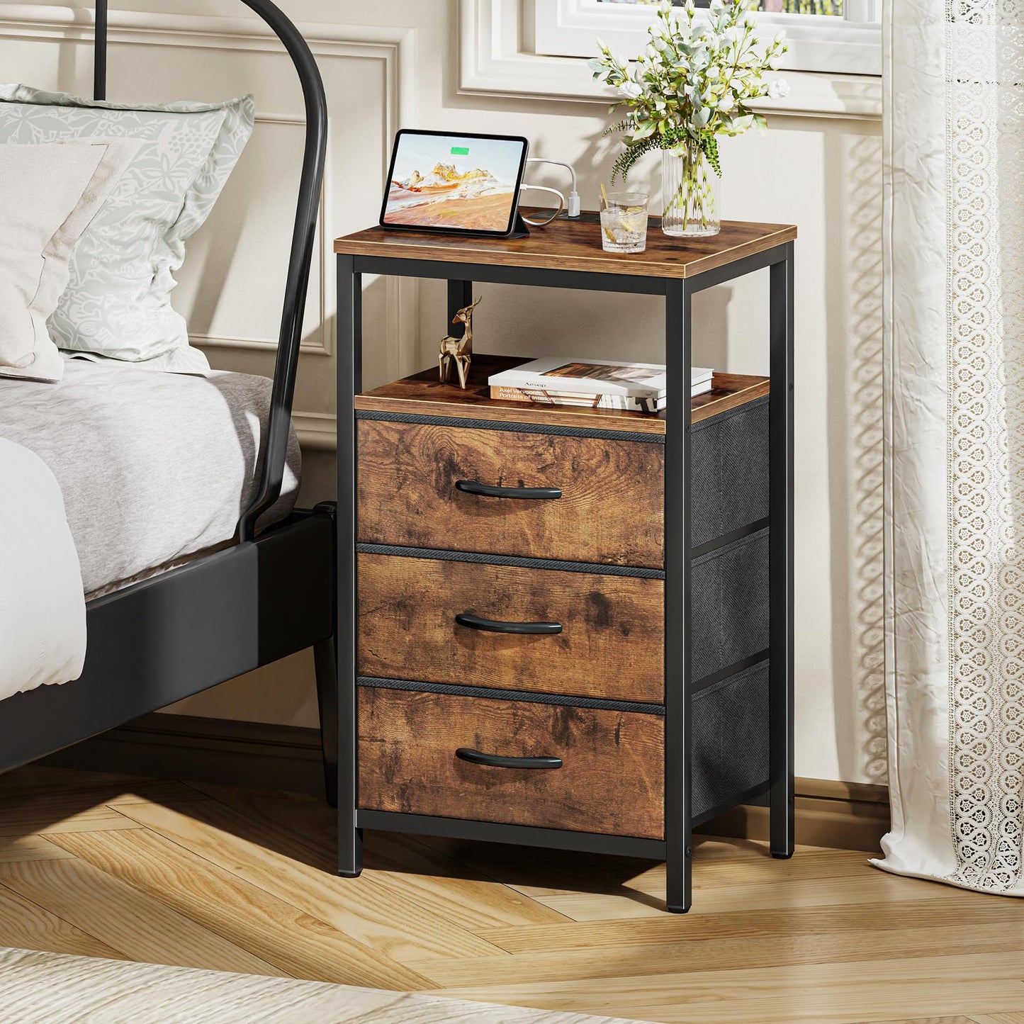 Huuger Nightstand with Charging Station, 27.6 Inch Bedside Table with Fabric Drawers, End Table with USB Ports and Outlets, Night Stand for Bedroom, Rustic Brown