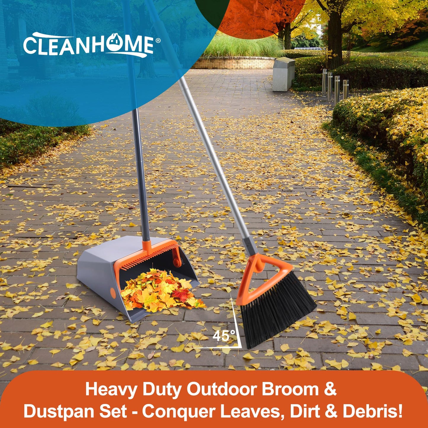 CLEANHOME Heavy Duty Outdoor Broom and Dustpan Set with Long Handle, Standing Dustpan & Split-End Bristles for Patio, Garage, Deck, Leaves Debris Cleaning