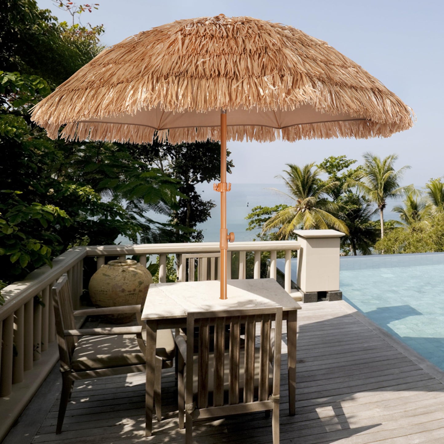 Seazul 6.5ft Hula Tahtched Tiki Patio Umbrella, Beach Umbrella Hawaiian Style with Hanging Hook and Tilt Design, 8 Ribs with Carry Bag for Outdoor Tiki Bar, Tropical Palapa, Garden, Pool, Natural